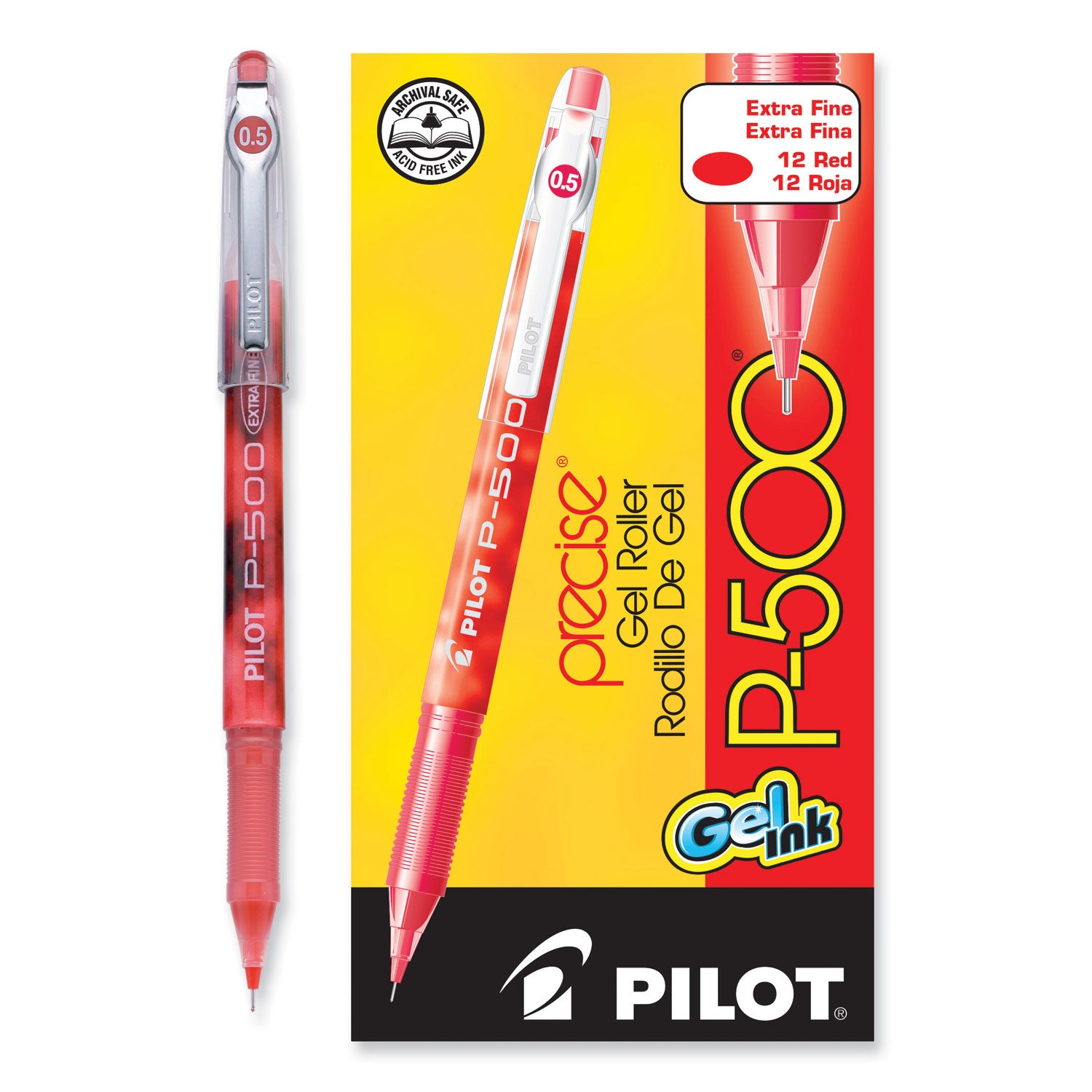 Pilot Precise P-500 Precision Point Extra-Fine Capped Gel Rolling Ball Pens - 0.5 mm Extra Fine Needle Pen Point - Red Ink - Gel-based - Red Barrel - 1 Dozen