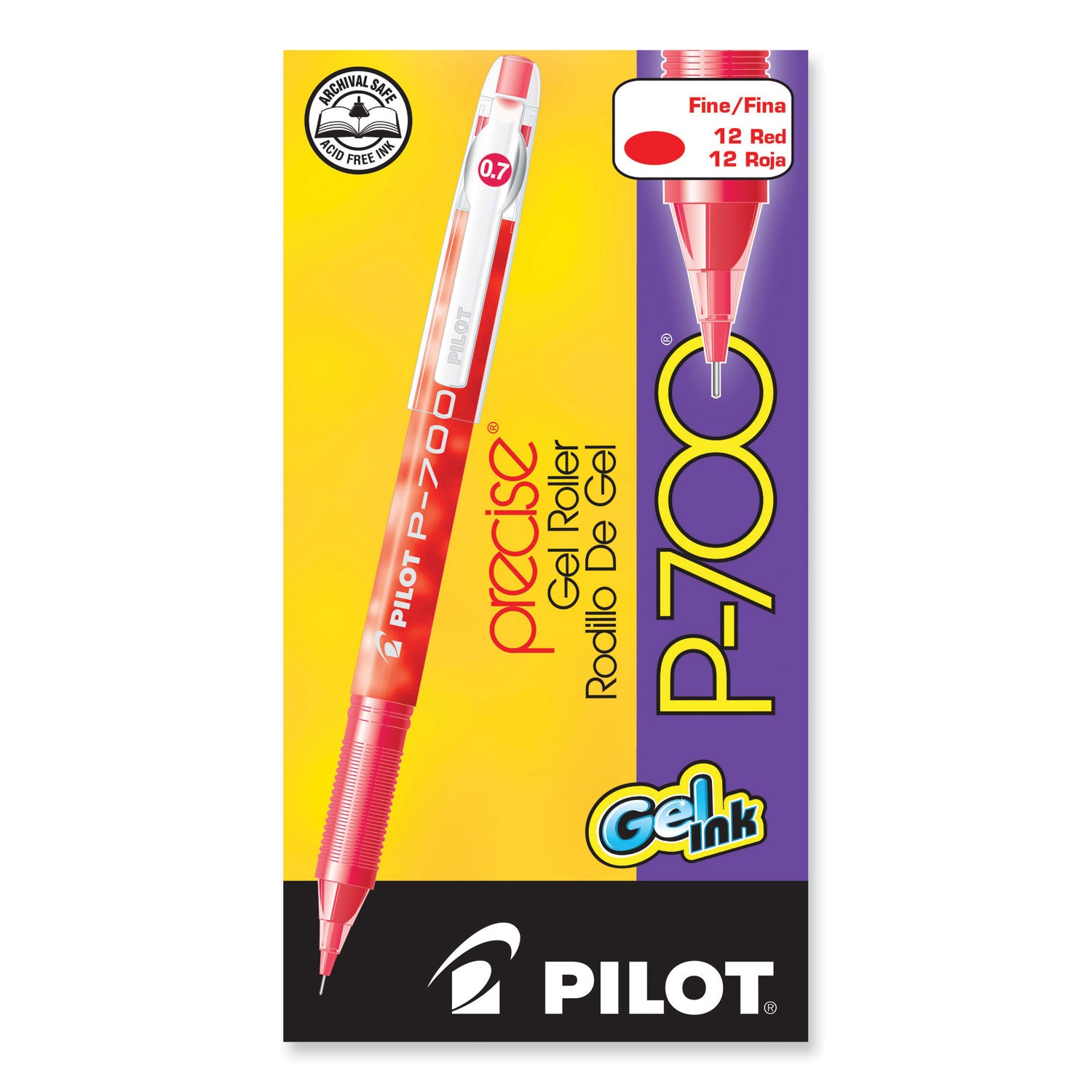 Pilot Precise P-700 Precision Point Fine Capped Gel Rolling Ball Pens - 0.7 mm Fine Pen Point - Red Ink - Gel-based - Red Barrel - 1 Dozen