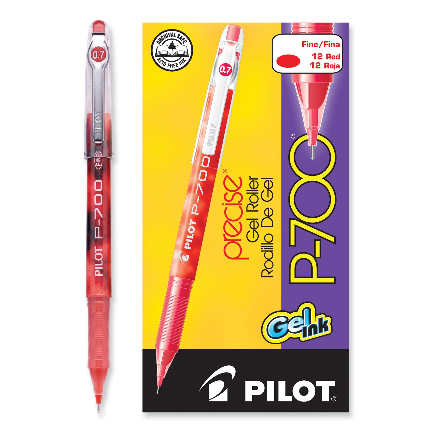 Pilot Precise P-700 Precision Point Fine Capped Gel Rolling Ball Pens - 0.7 mm Fine Pen Point - Red Ink - Gel-based - Red Barrel - 1 Dozen