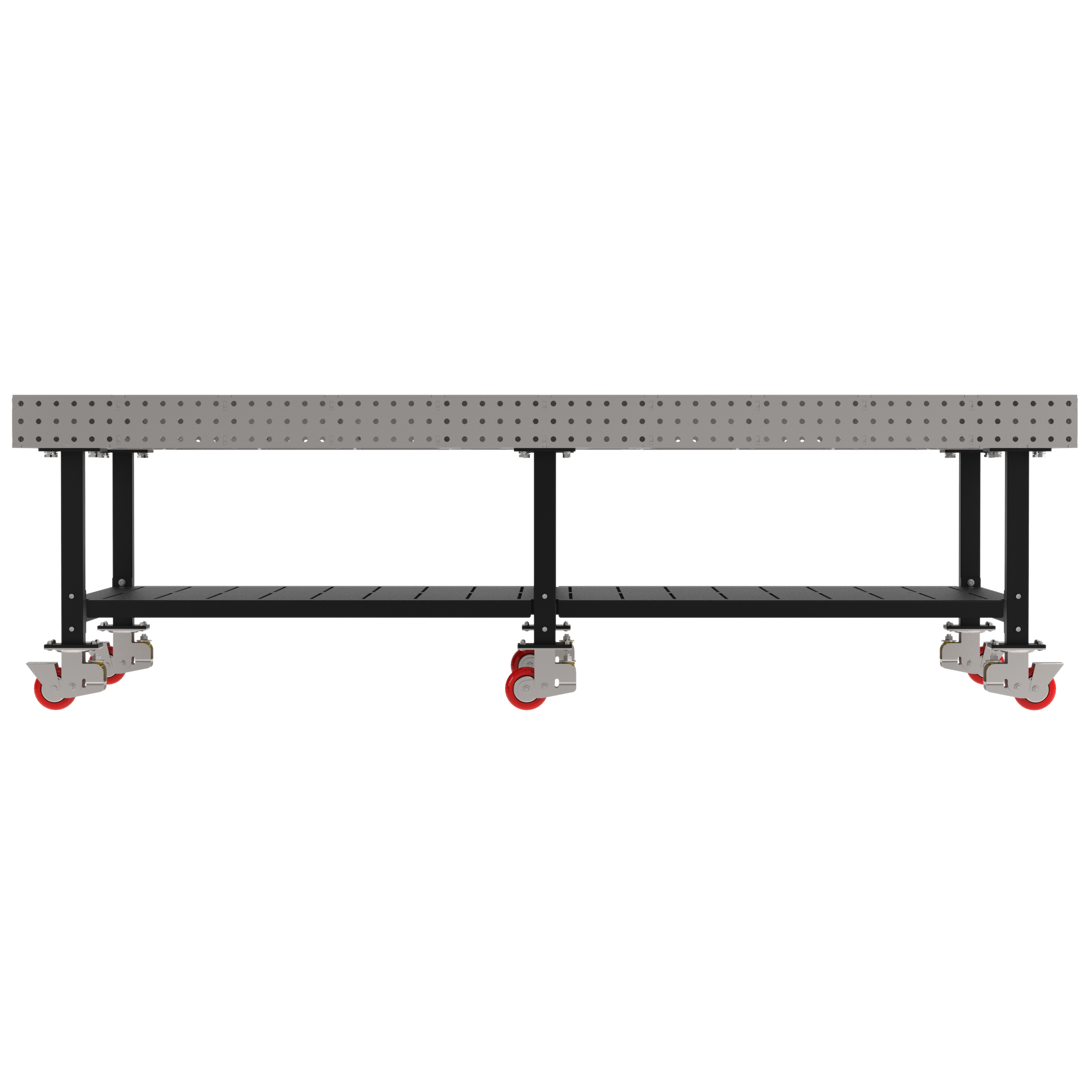 Welding Fixture Table, Fixed Height, 36"H x 120"L x 60"D, 1/4" Carbon Steel Top, Six Black Powdercoat Legs, Shelf, 6 Heavy Duty Suspension Casters (4 Locking/Swiveling Casters and 2 Non-Locking/Non-SwivelingCasters)