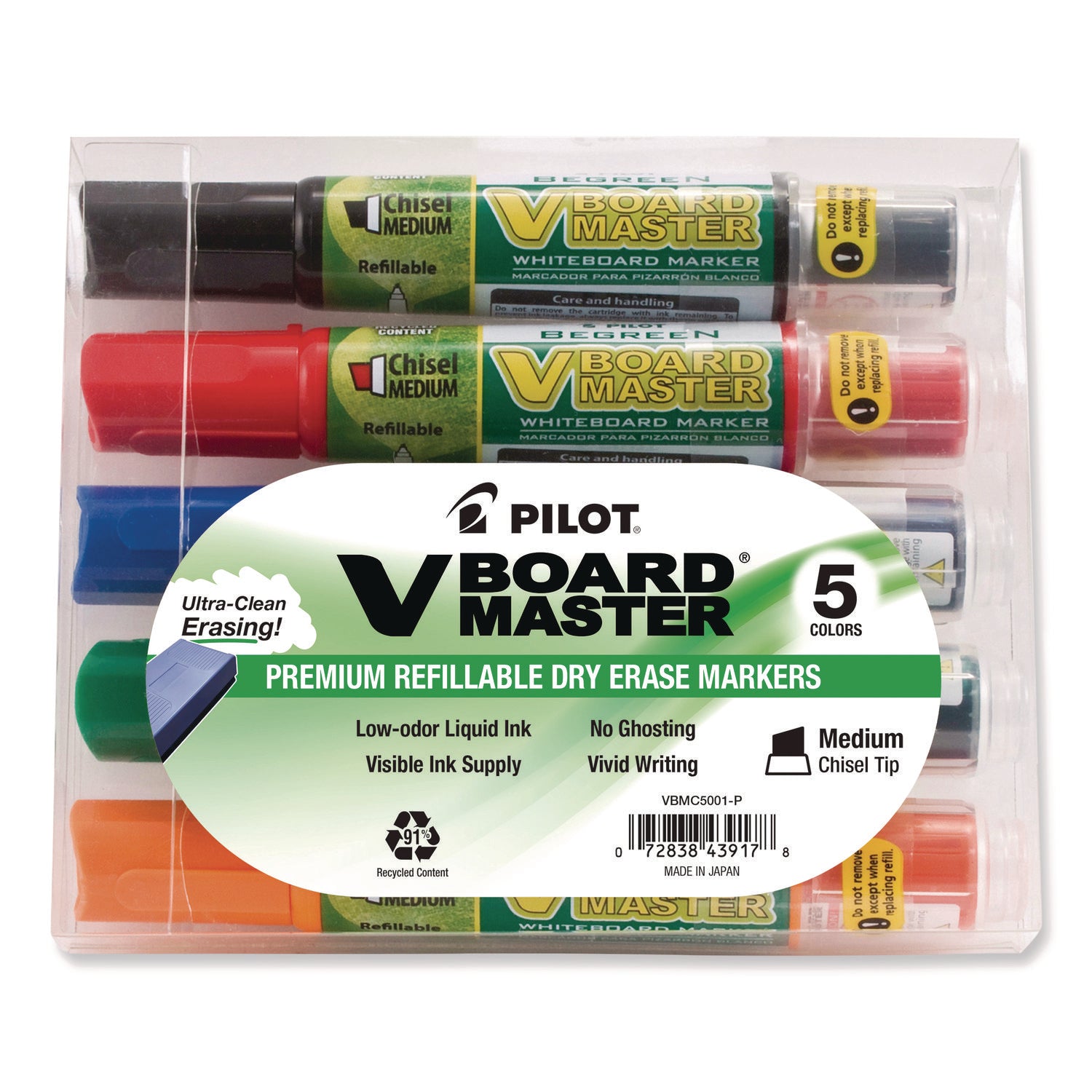 Pilot BeGreen Refillable VBoard Dry-erase Marker - Broad Chisel Marker Point - Refillable - Orange, Green, Blue, Black, Red Ink - 5 / Pack