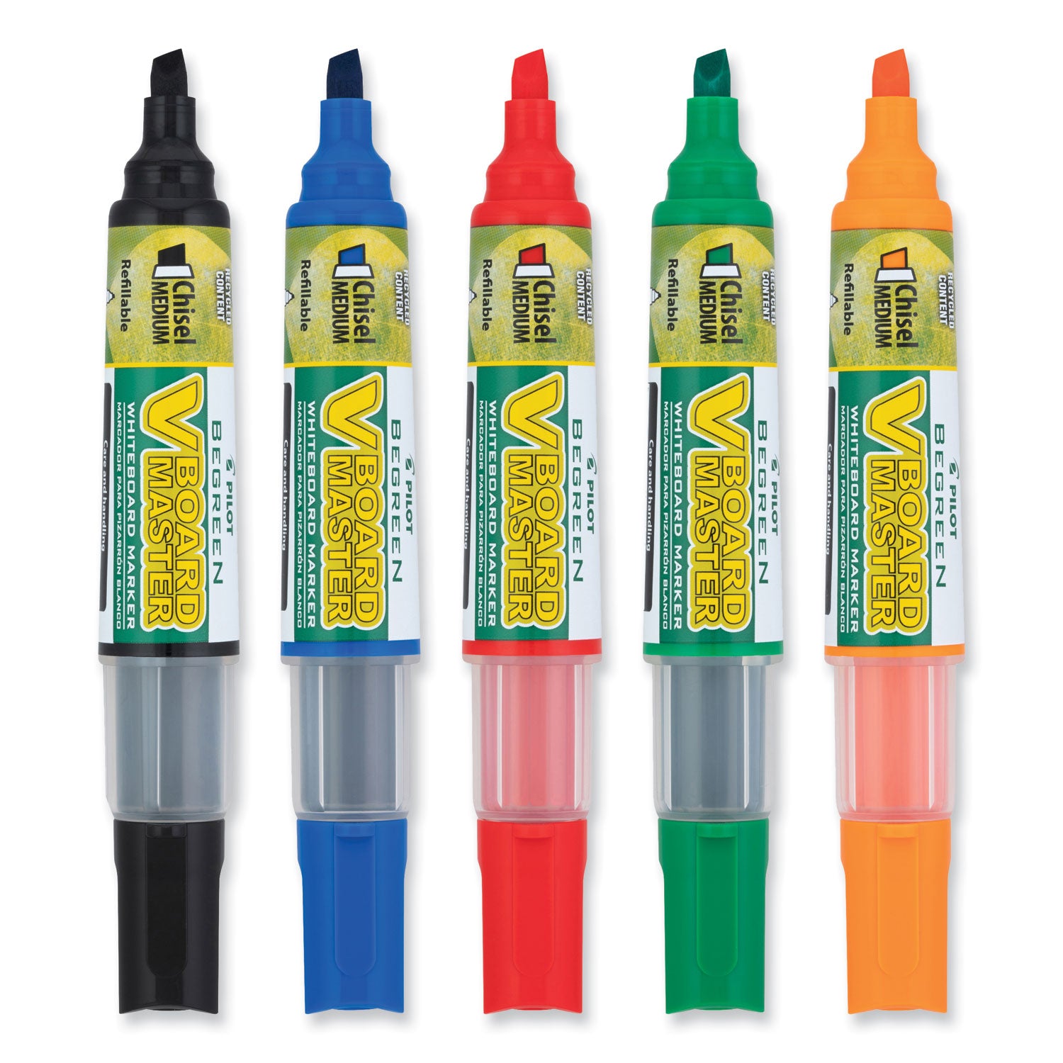 Pilot BeGreen Refillable VBoard Dry-erase Marker - Broad Chisel Marker Point - Refillable - Orange, Green, Blue, Black, Red Ink - 5 / Pack
