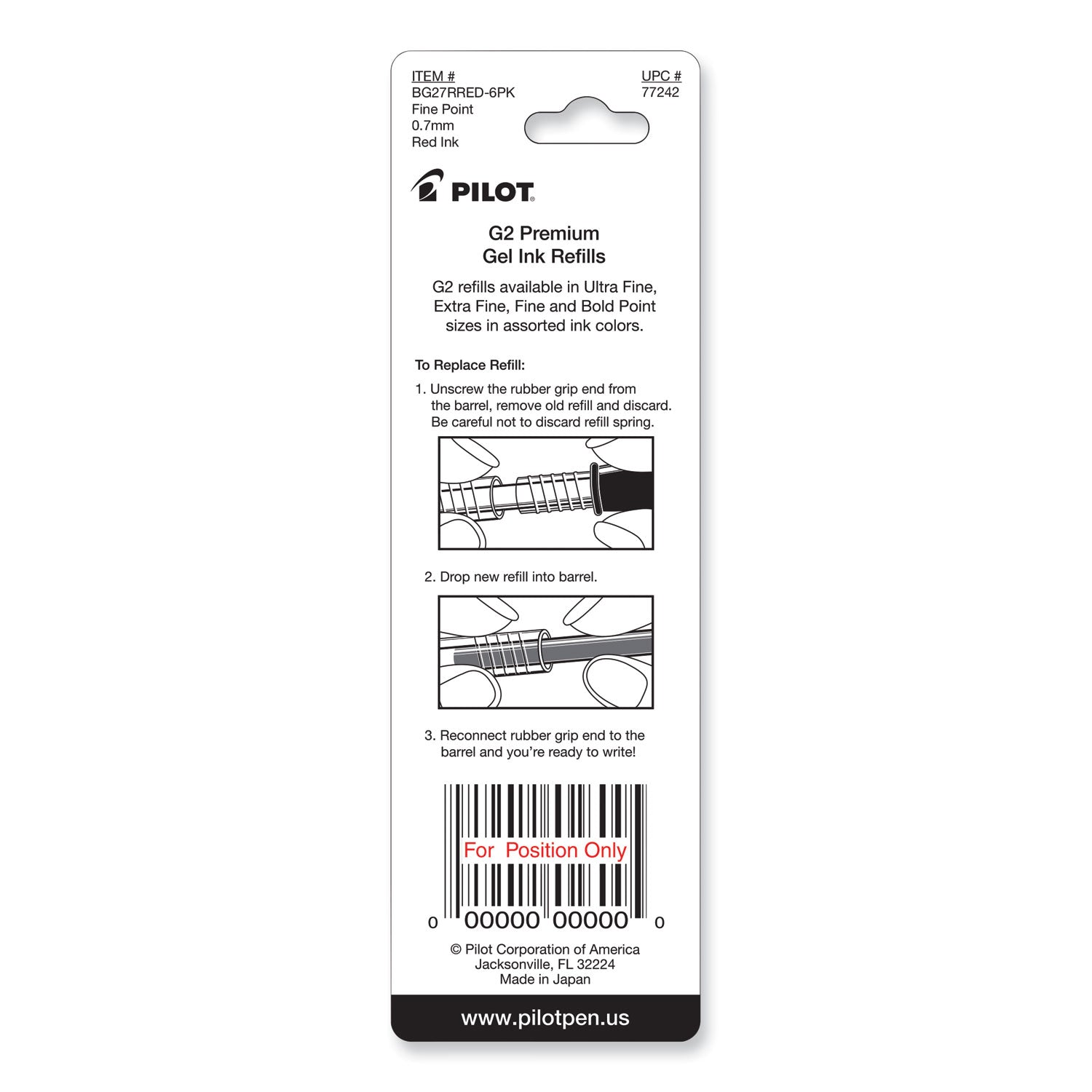 Pilot G2 Premium Gel Ink Pen Refills - 0.70 mm , Fine Point - Red Ink - Smear Proof - 2 / Pack