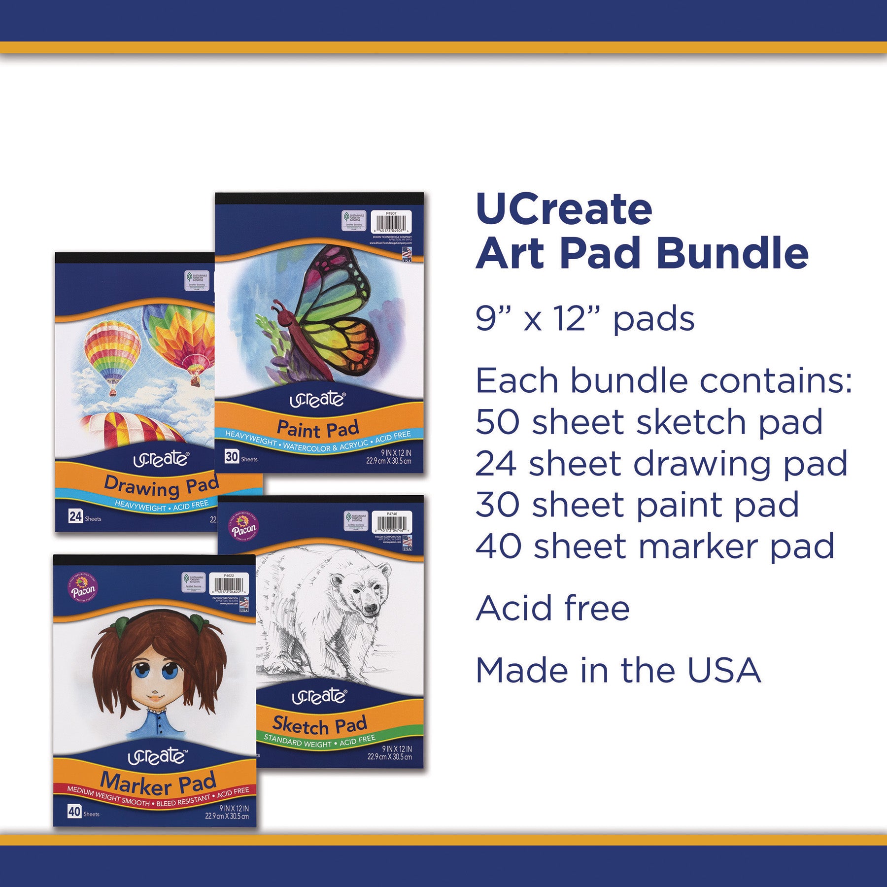 Art Pad Bundle, 9" x 12", Sketch, Drawing, Paint, Marker, Set of 4