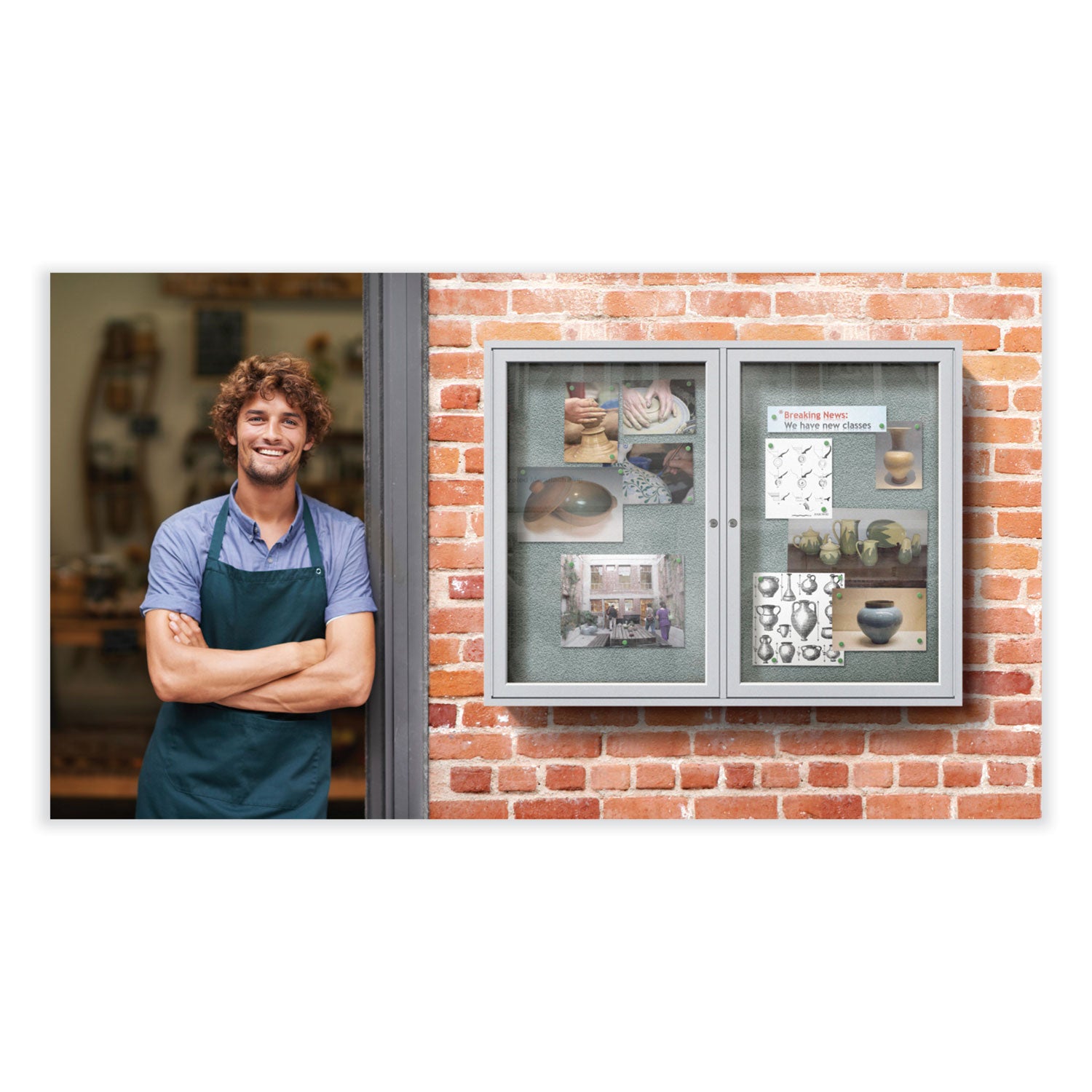 Ghent 2 Door Enclosed Vinyl Bulletin Board, 48" x 60", Silver Surface, Satin Anodized Aluminum Frame, Hinged Doors, 1 Each