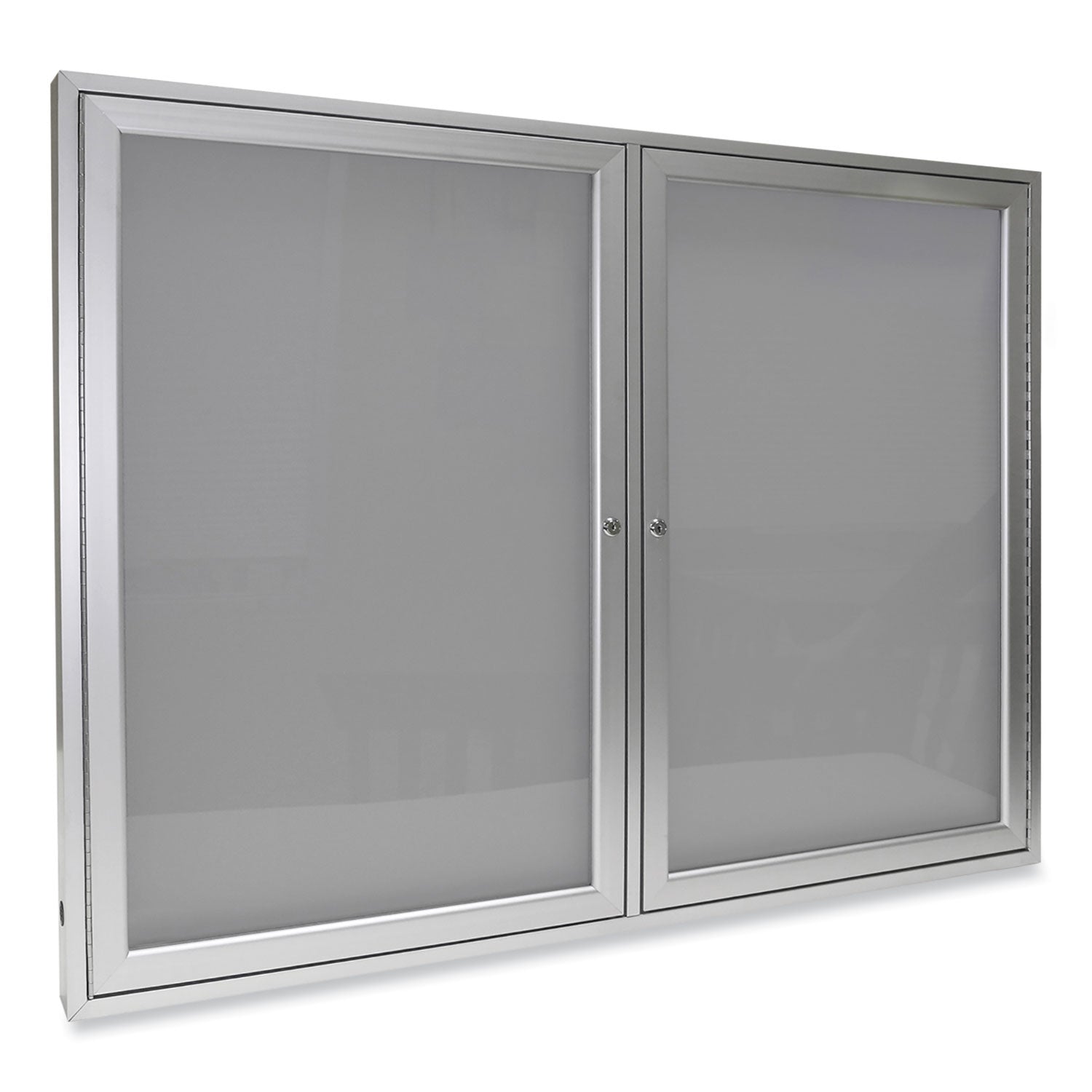 Ghent 2 Door Enclosed Vinyl Bulletin Board with Satin Aluminum Frame, Silver Surface, 36" x 48", Locking Hinged Doors, 1 Each