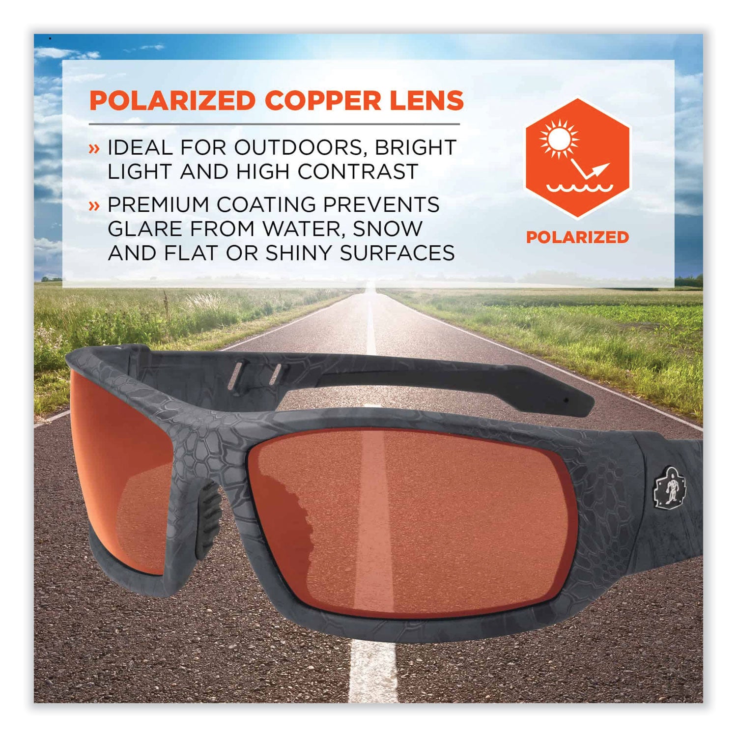Ergodyne Skullerz ODIN-PZ Polarized Copper Safety Glasses, Kryptek Typhon Frame, Scratch & Impact Resistant, Anti-glare, Non-slip, 1 Each