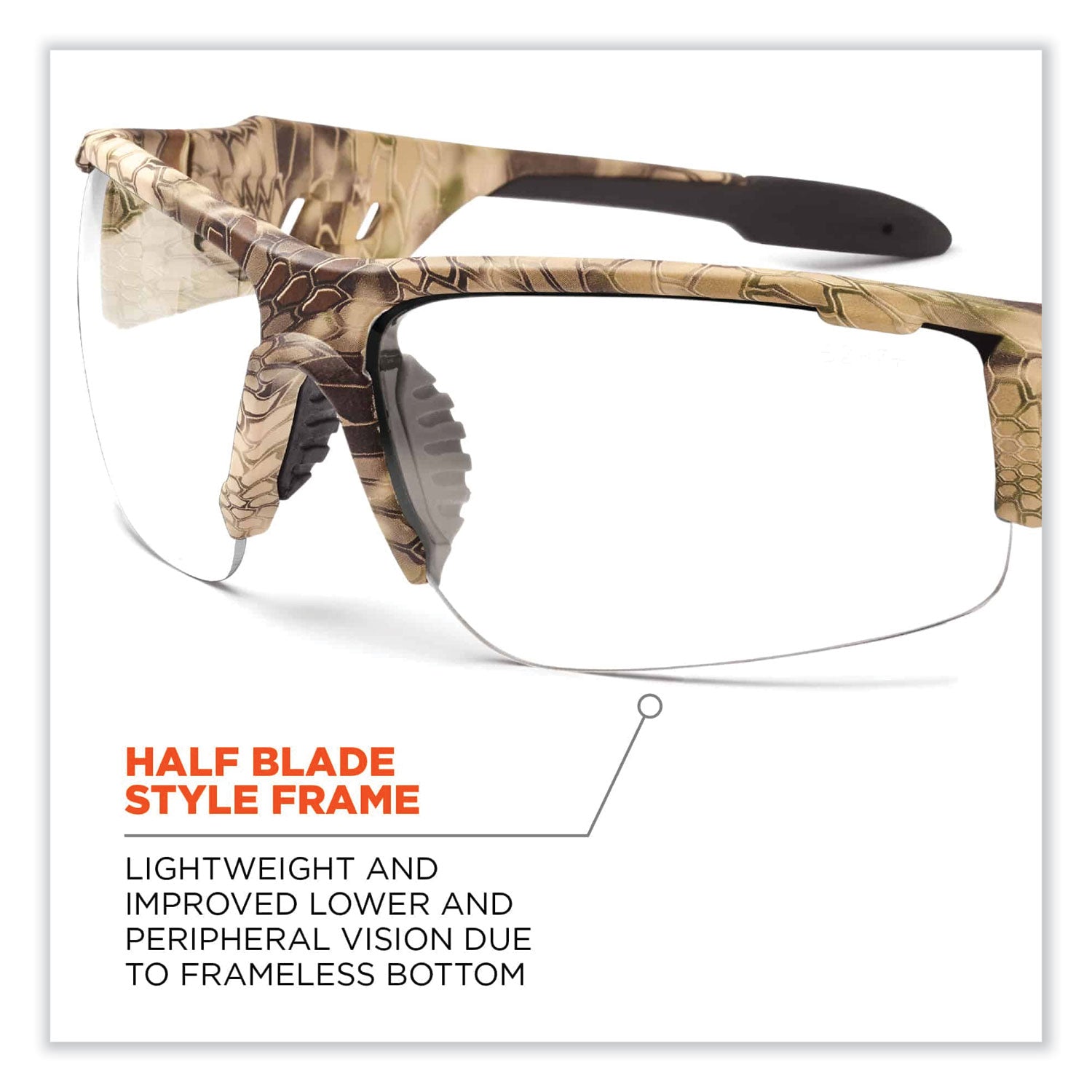 Ergodyne Skullerz Dagr Clear Lens Safety Glasses, Kryptek Highlander Frame, Scratch Resistant, Impact Resistant, Anti-glare, Non-slip, Bendable Frame, 1 Each