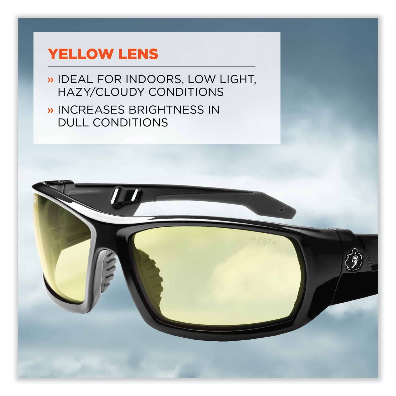 Ergodyne Skullerz Odin Safety Glasses, Yellow Lens, Black Frame, Scratch & Impact Resistant, Anti-glare, Non-slip, Bendable, 1 Each