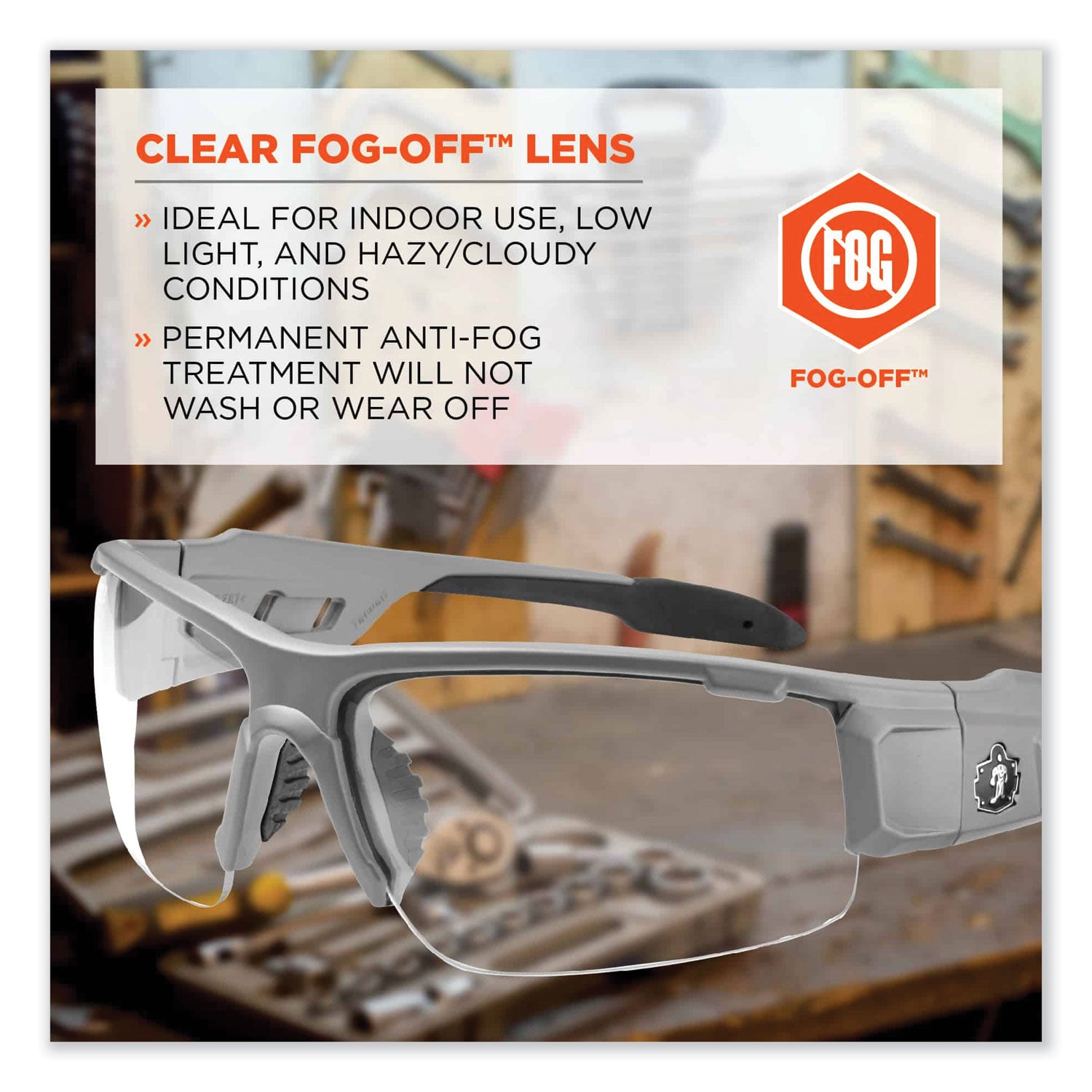 Ergodyne Dagr AF Clear Safety Glasses, Matte Gray Frame, Clear Lens, Scratch & Impact Resistant, Anti-fog, Non-slip, 1 Each