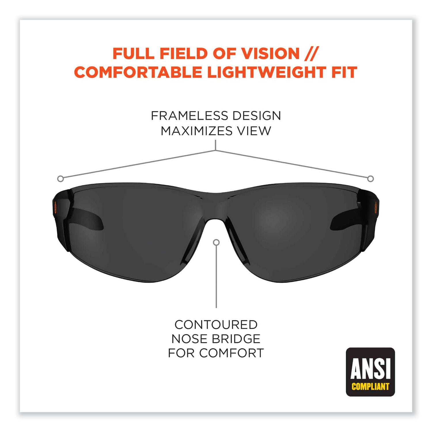 Ergodyne SAGA Anti-Fog Smoke Lens Matte Frameless Safety Glasses / Sunglasses, Matte Black, Black