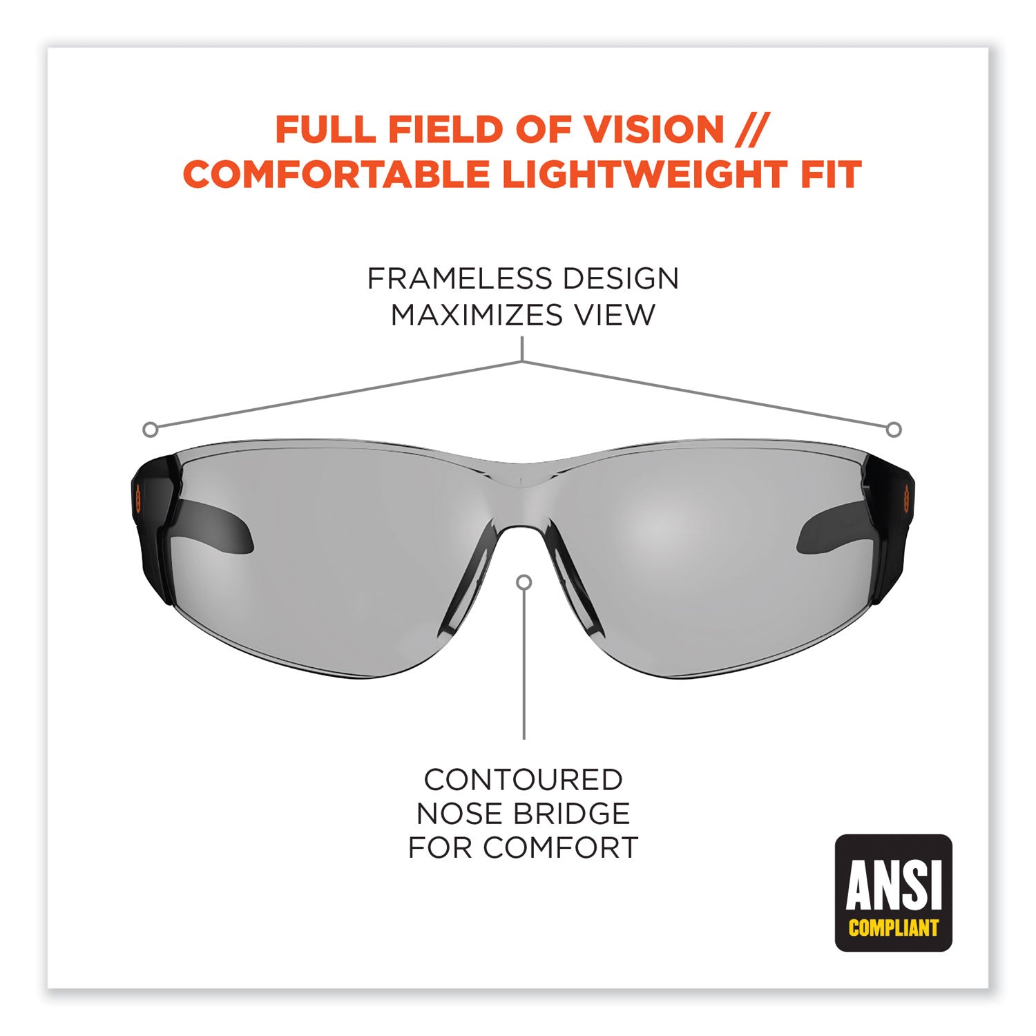Recommended for: Indoor/Outdoor - Eye Protection - Matte Black - Anti-fog, Lightweight, Rimless, Impact Resistant, Anti-scratch, Durable, UV Resistant, Slip Resistant, Flex-Point Temple, Frameless - 1 Each