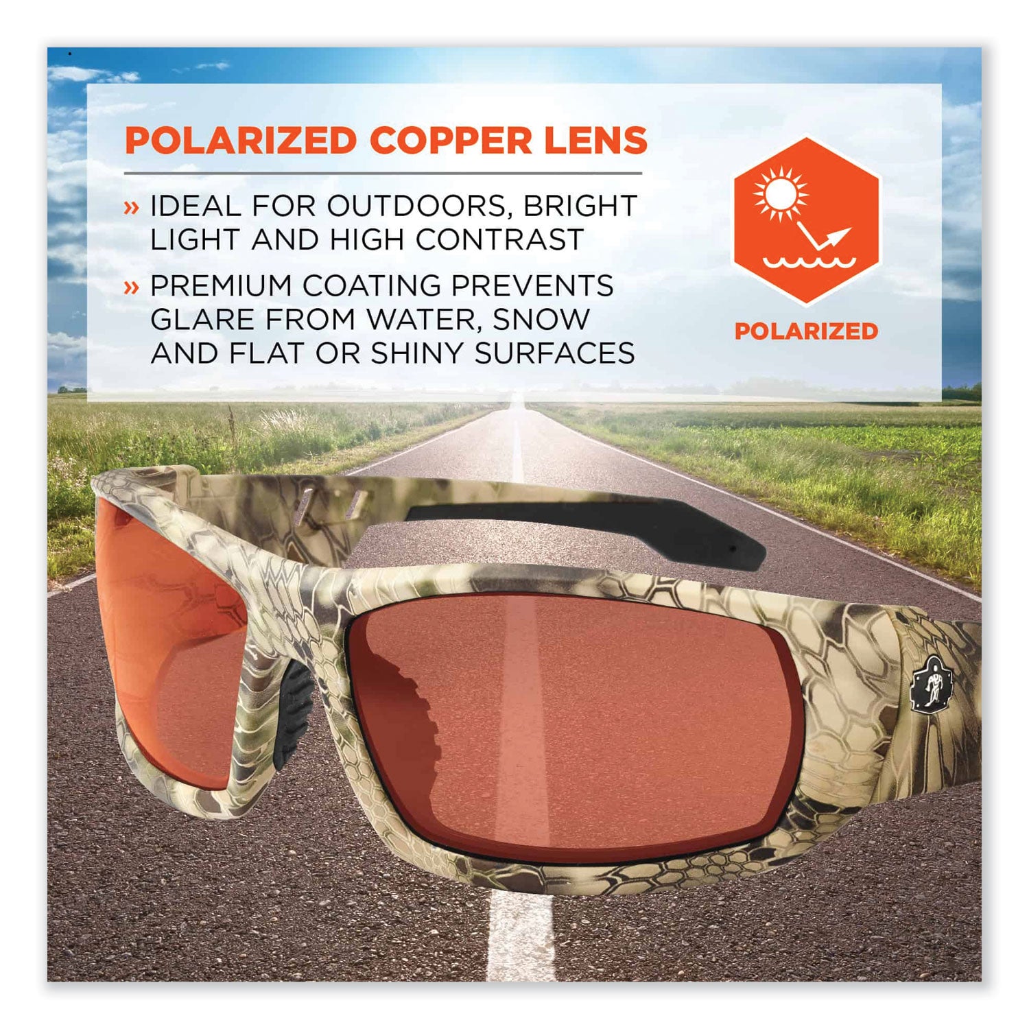 Ergodyne Skullerz ODIN-PZ Polarized Copper Safety Glasses, Kryptek Highlander Frame, Scratch & Impact Resistant, Anti-glare, Non-slip, 1 Each