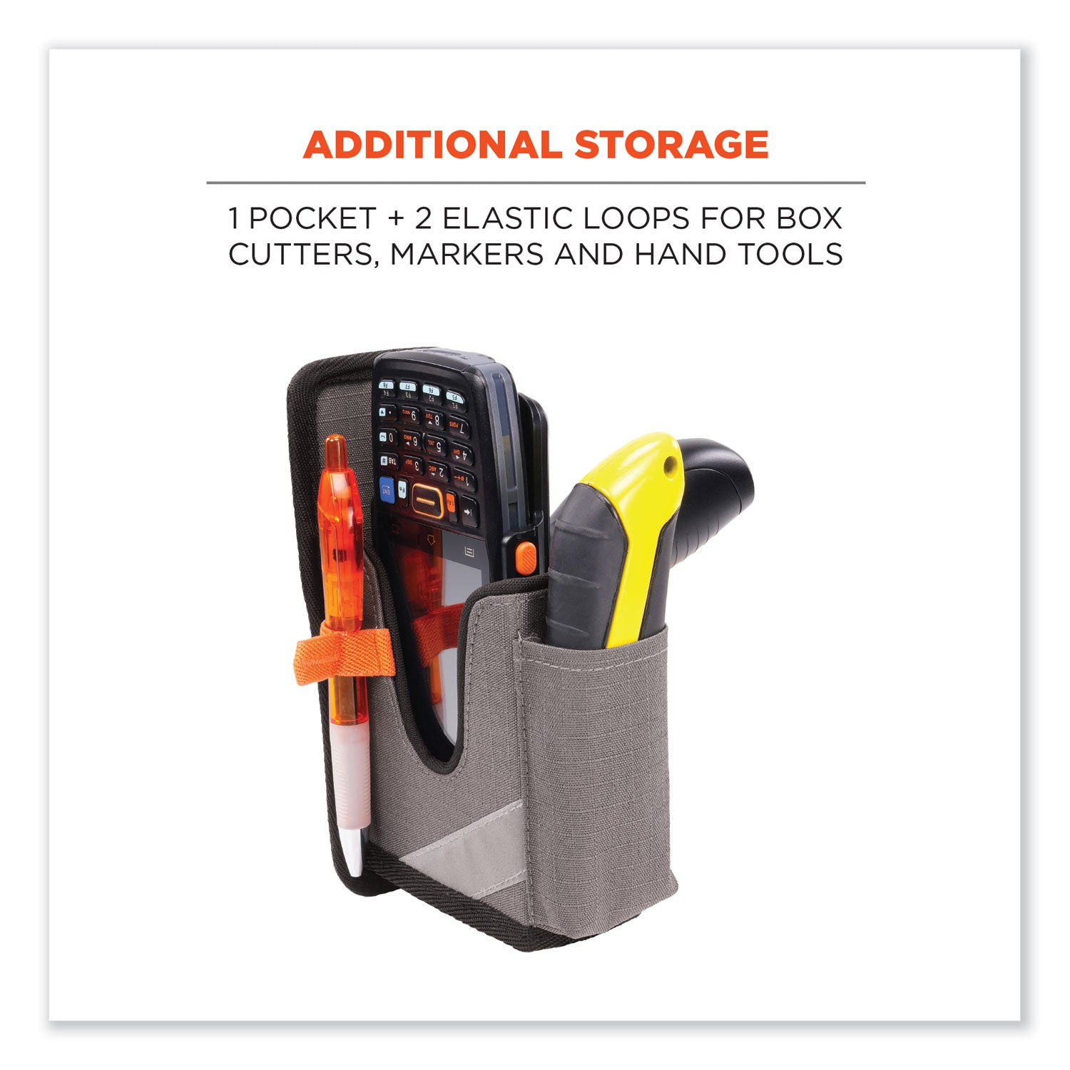 Ergodyne Squids 5541 Rugged Holster Carrying Case, Small, Gray, Drop & Abrasion Resistant Ripstop Polyester, Belt Clip, 2 Pockets, 2 Elastic Loops, 7.3" x 2.6" x 4.3", 1 Each