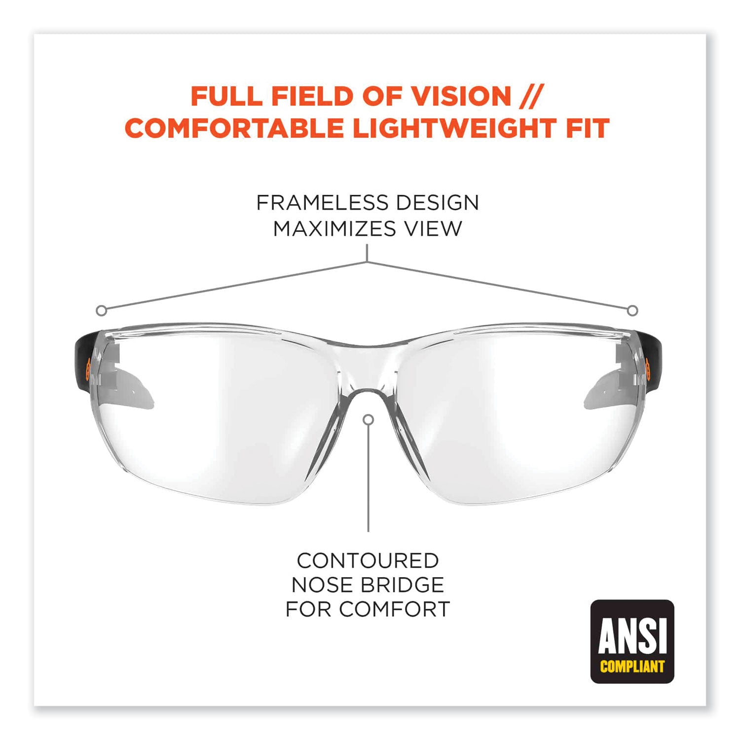 Eye Protection - Matte Black - Clear Lens - Anti-fog, Anti-scratch, UV Resistant, Lightweight, Impact Resistant, Non-Slip Temple, Rubber Tipped Temples, Frameless - 1 Each