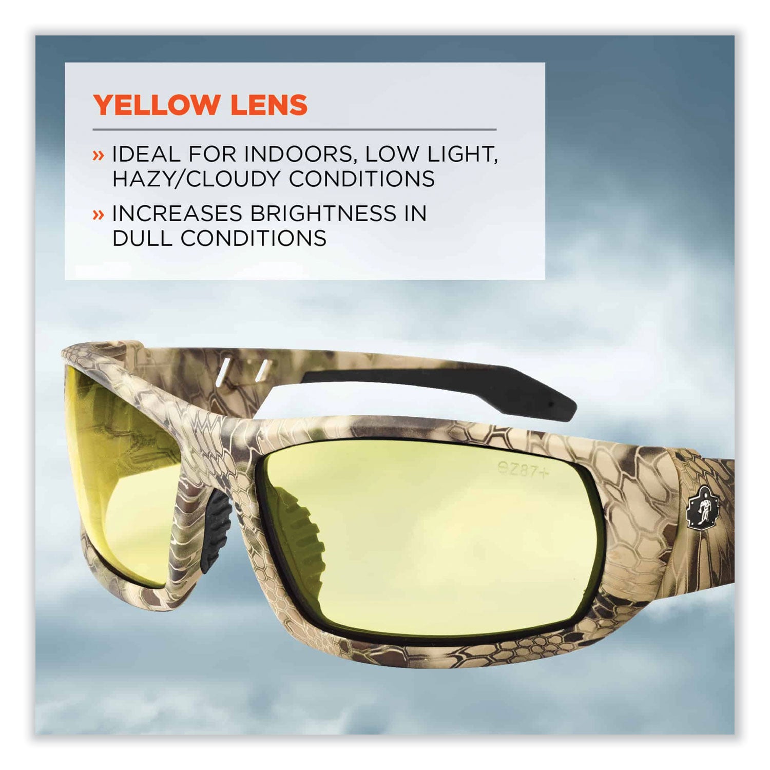 Ergodyne Skullerz Odin Safety Glasses, Yellow Lens, Kryptek Highlander Frame, Scratch & Impact Resistant, Anti-glare, Non-slip, 1 Each