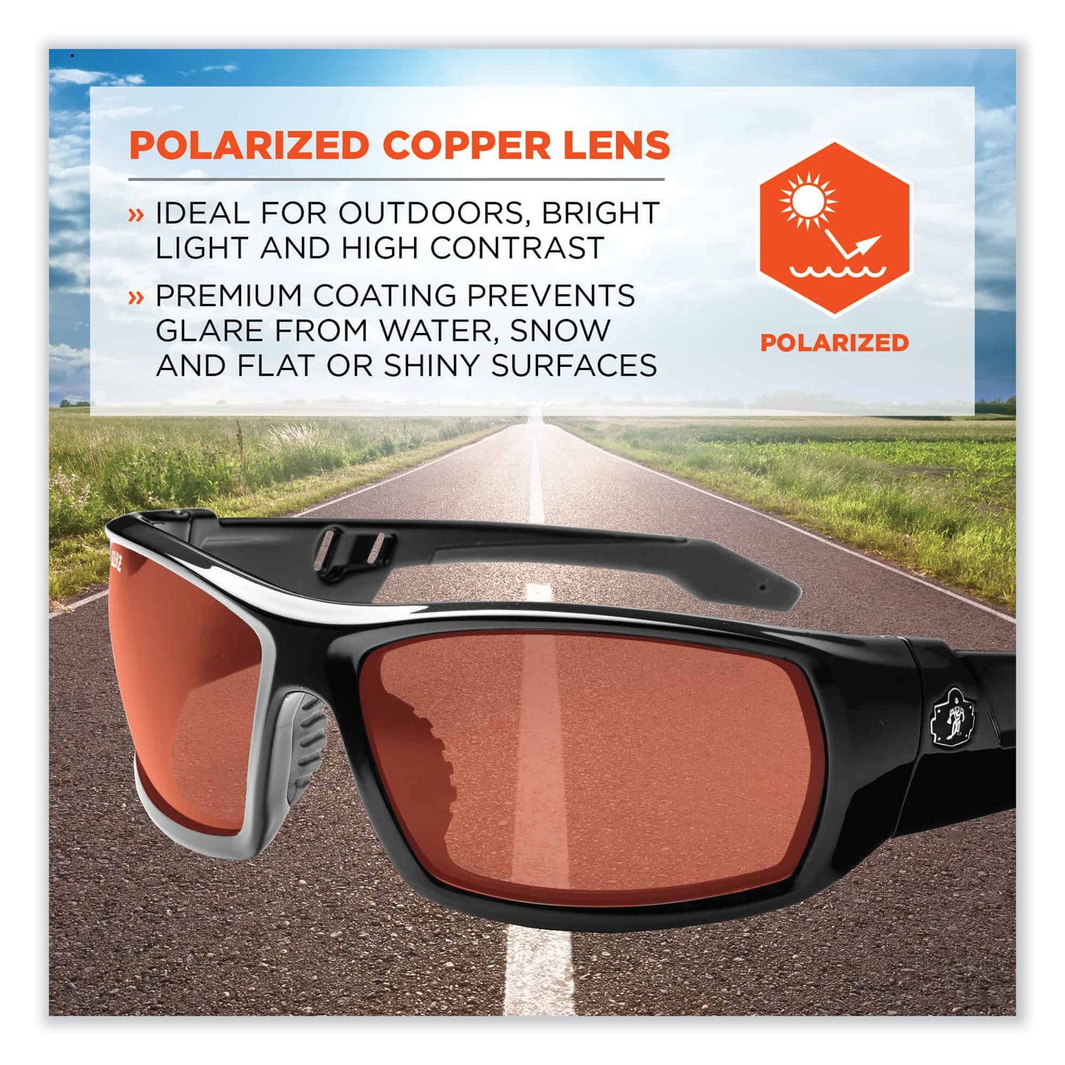Ergodyne Skullerz ODIN-PZ Polarized Copper Safety Glasses, Black Frame, Scratch & Impact Resistant, Anti-glare, Non-slip, Bendable, 1 Each