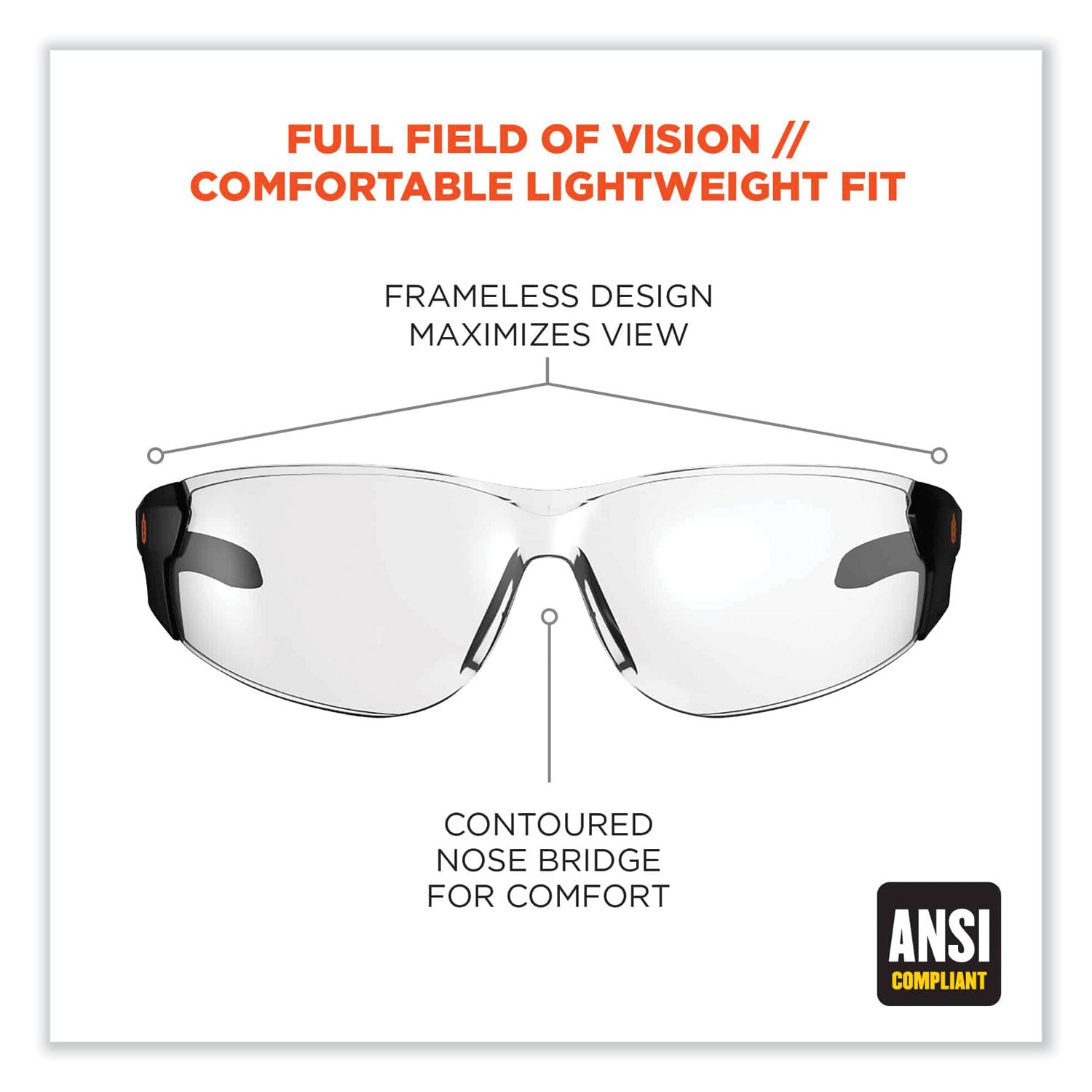 Eye Protection - Matte Black - Clear Lens - Anti-fog, Lightweight, Rimless, Impact Resistant, Anti-scratch, Durable, UV Resistant, Slip Resistant, Flex-Point Temple, Frameless - 1 Each
