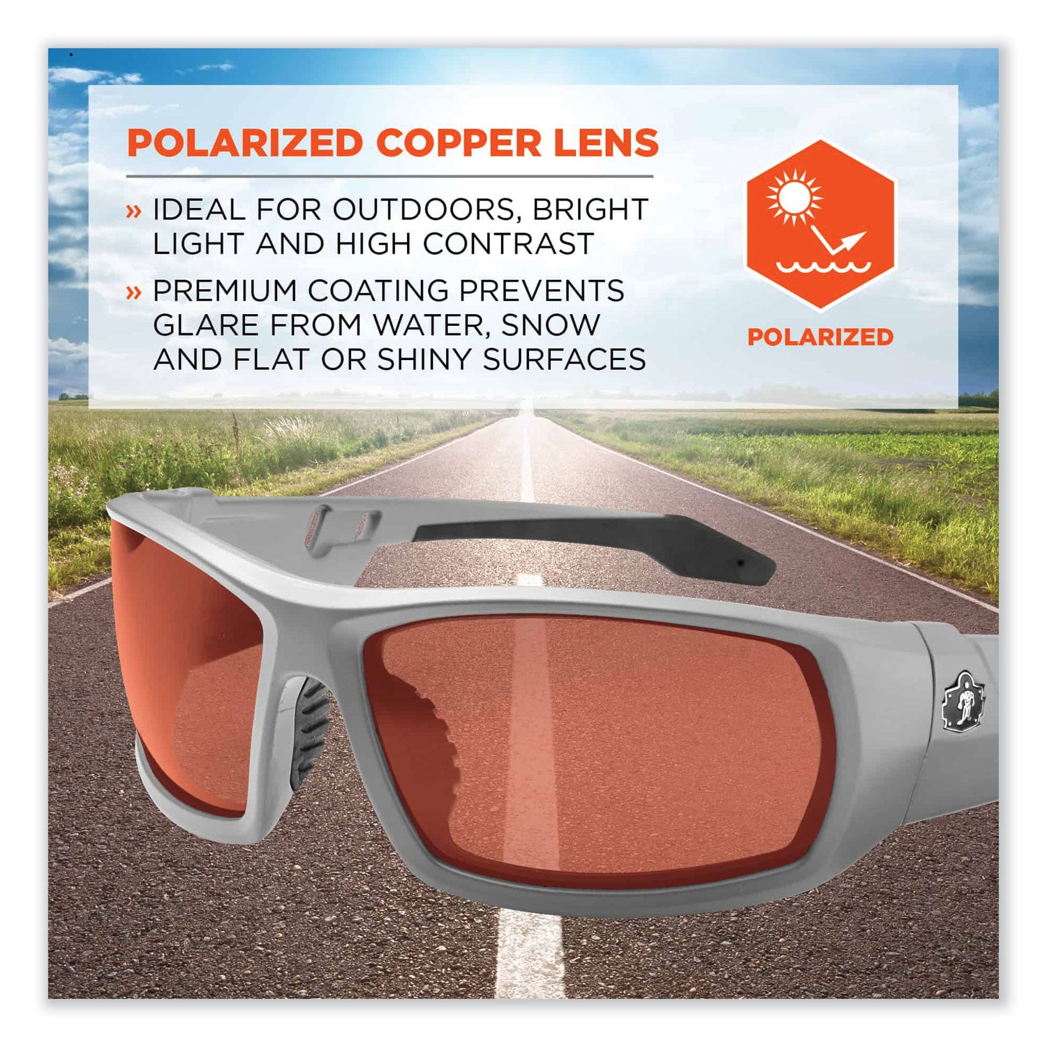 Ergodyne Skullerz ODIN-PZ Polarized Copper Safety Glasses, Matte Gray Frame, Scratch & Impact Resistant, Anti-glare, Non-slip, Bendable, 1 Each