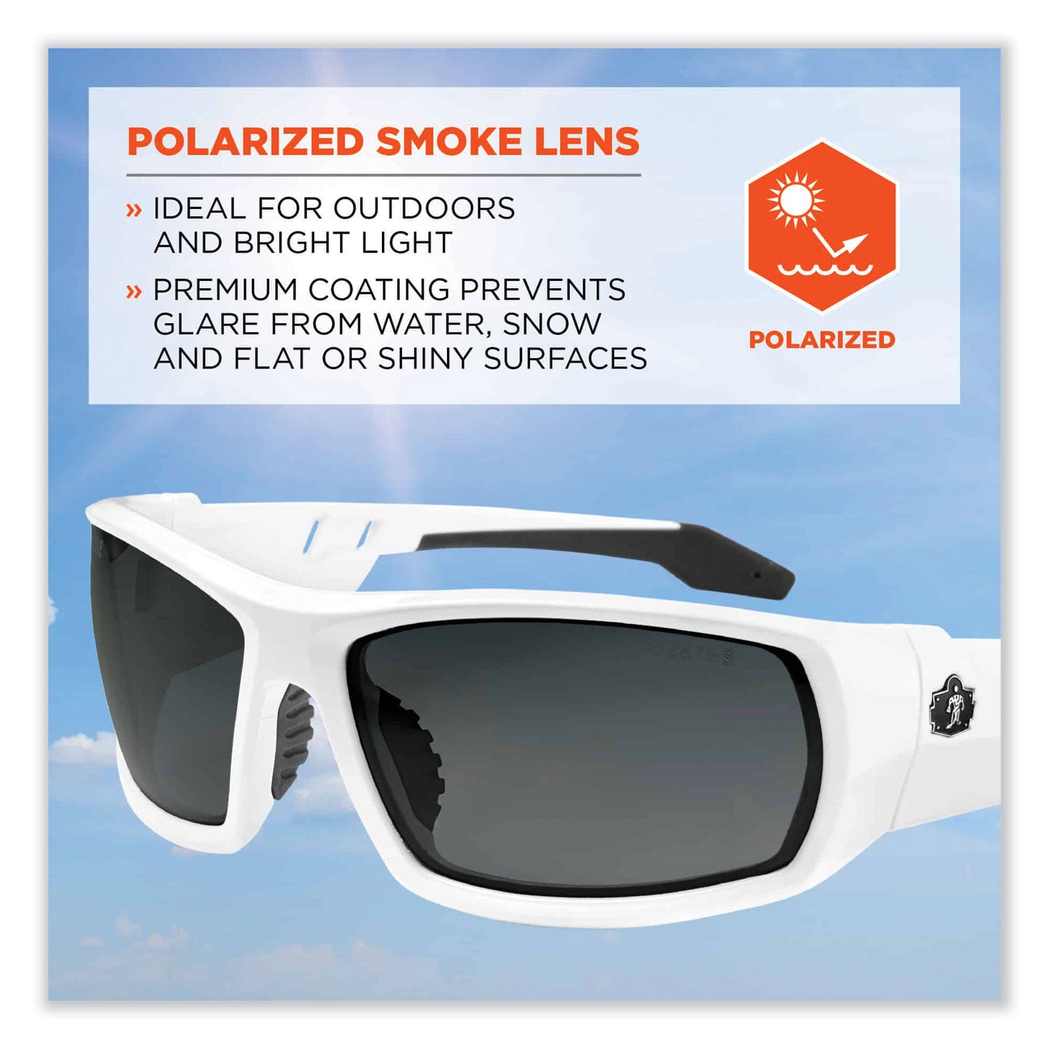 Ergodyne Skullerz ODIN-PZ Polarized Smoke Safety Glasses, White Frame, Scratch & Impact Resistant, Anti-glare, Shatter Resistant Lens, 1 Each