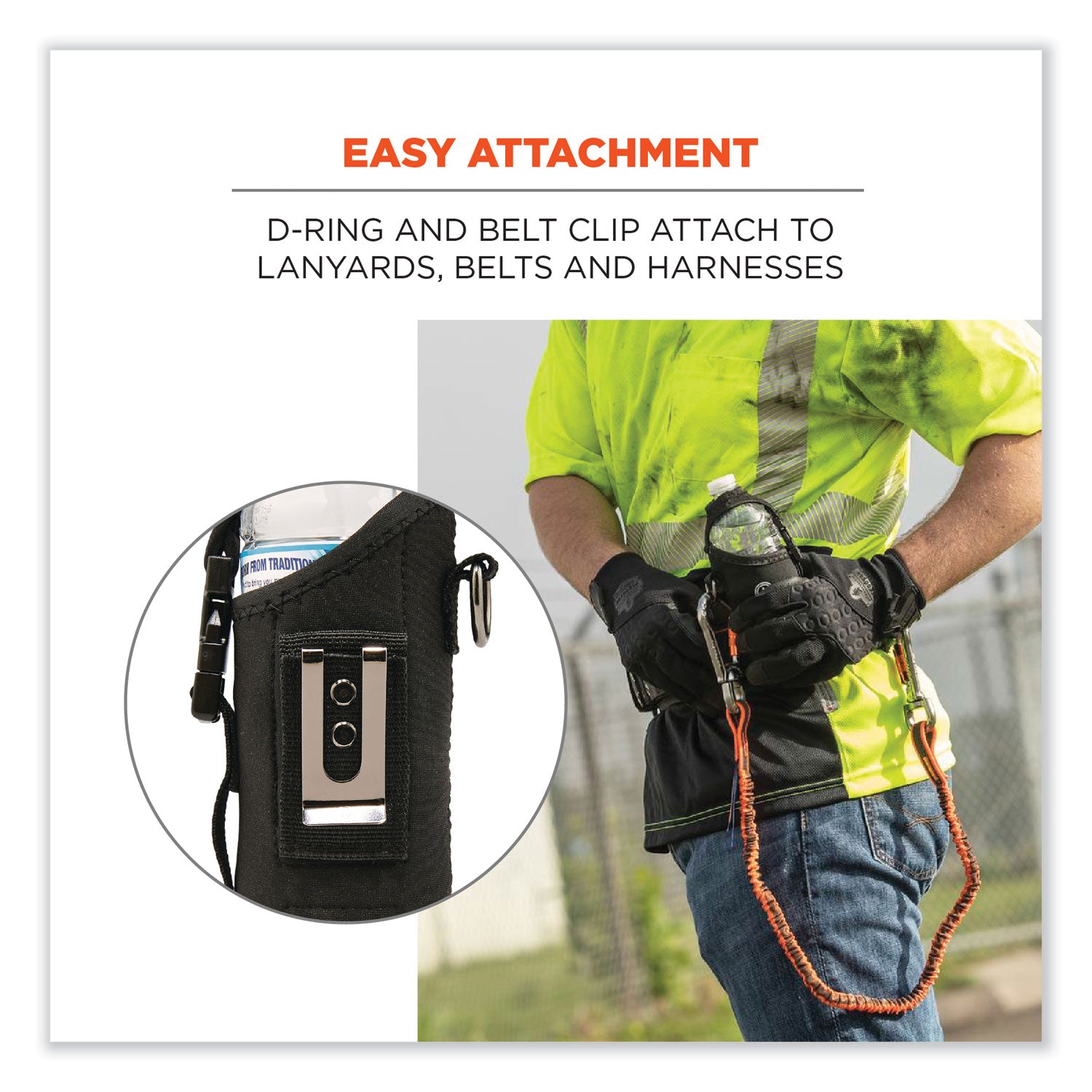 Ergodyne 3775 Can/Bottle Holder & Trap, Black, Stainless Steel/Zinc/Neoprene/Nylon, 2.5" H x 3.6" W, 1 Each