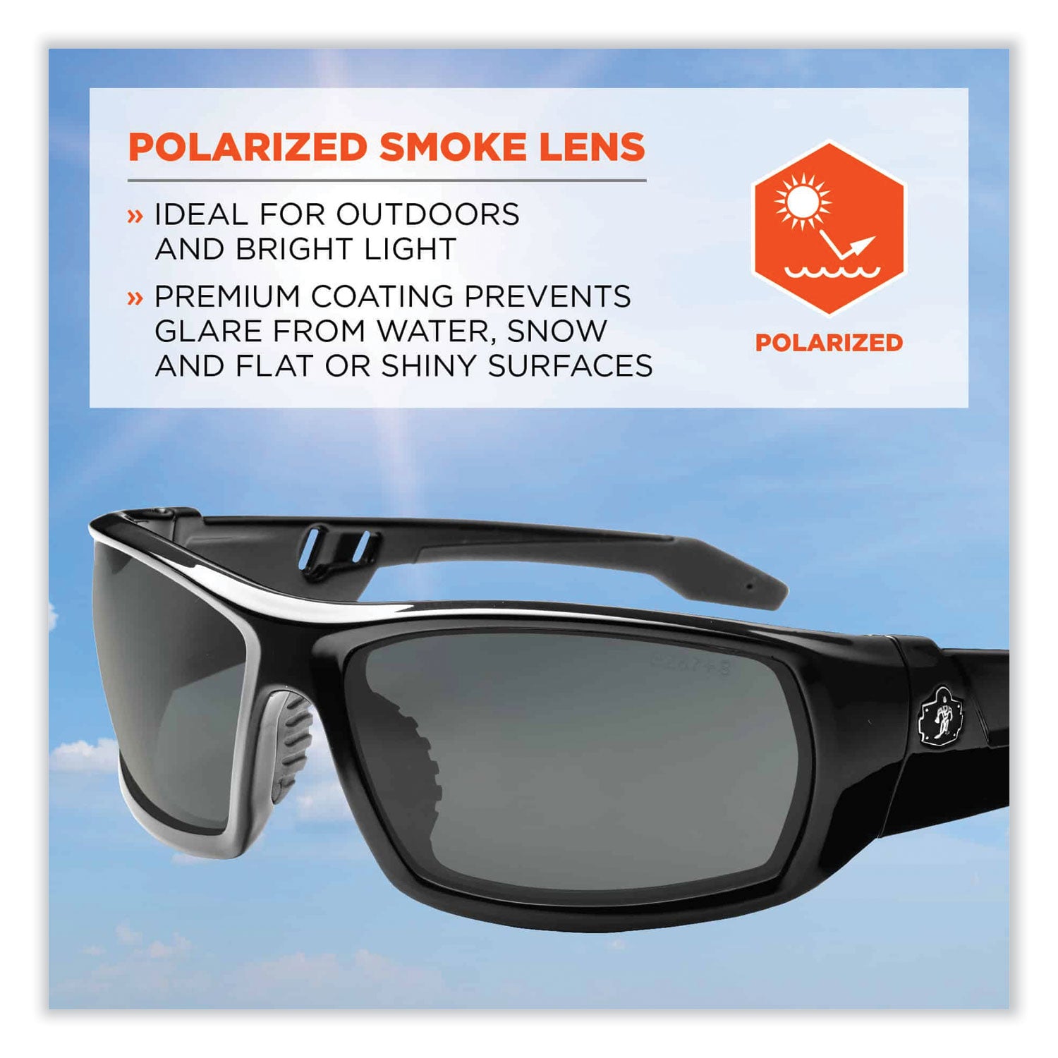 Ergodyne Skullerz ODIN-PZ Polarized Smoke Safety Glasses, Black Frame, Scratch & Impact Resistant, Anti-glare, Non-slip, Comfortable, 1 Each