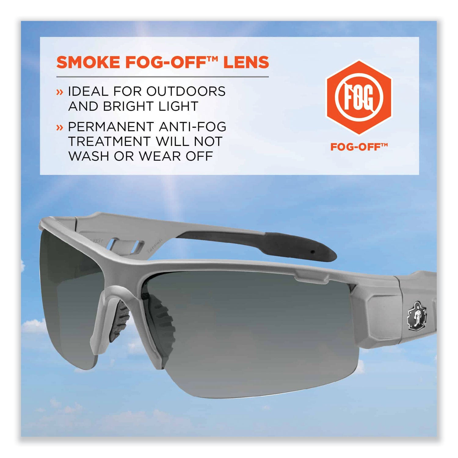 Ergodyne Skullerz Dagr AF Smoke Safety Glasses, Matte Gray Frame, Smoke Lens, Anti-Fog, Scratch Resistant, Impact Resistant, Non-Slip, 1 Each