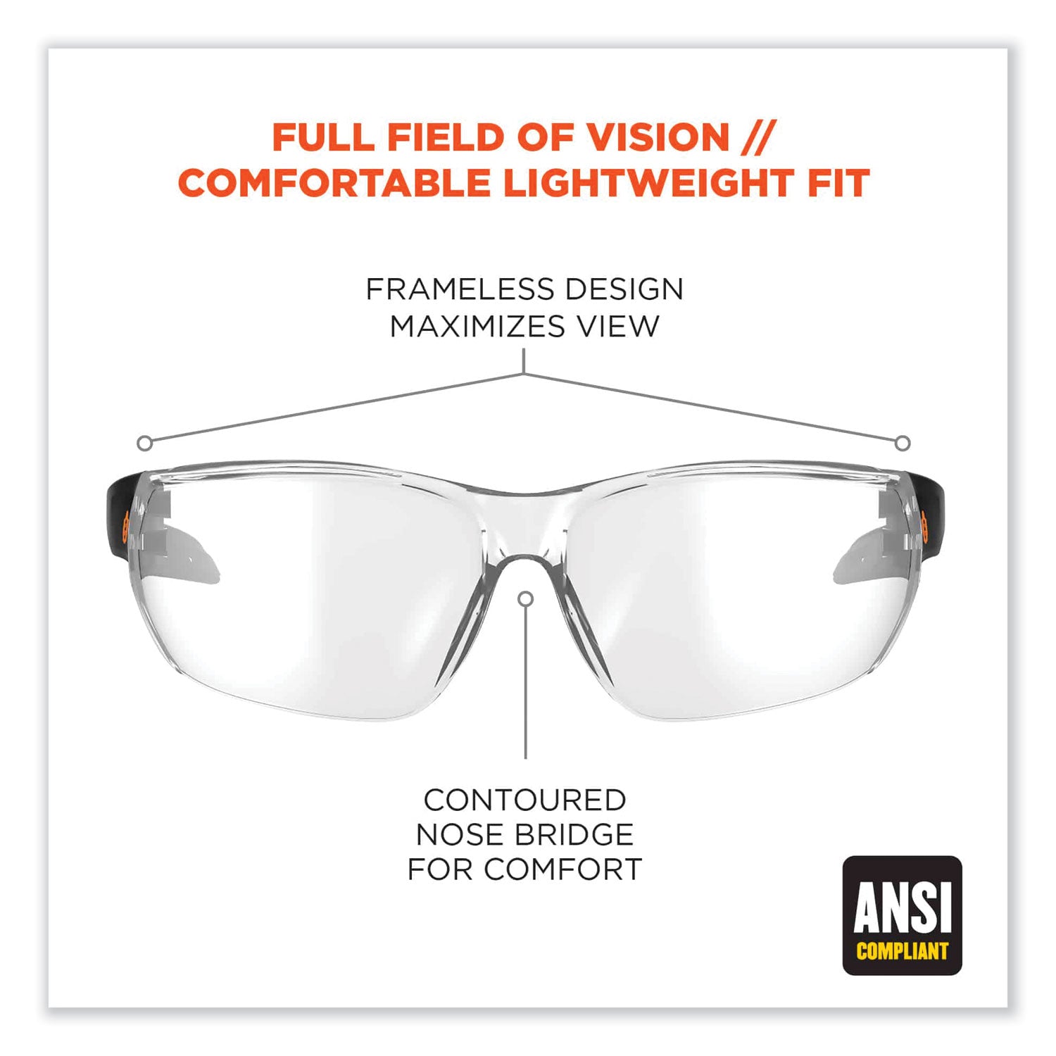 Eye Protection - Matte Black - Clear Lens - Anti-fog, Anti-scratch, UV Resistant, Lightweight, Impact Resistant, Non-Slip Temple, Rubber Tipped Temples, Frameless - 1 Each