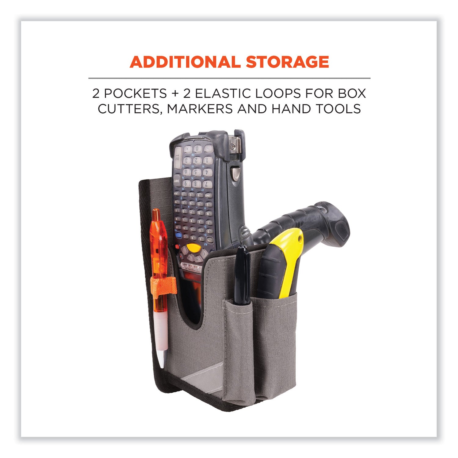 Ergodyne Squids 5540 Rugged Bar Code Scanner Holster, Large, Gray, Drop/Abrasion/Damage Resistant Polyester, Holster with Belt Loop and Belt Clip, 8" x 3.3" x 3.5", 1 Each
