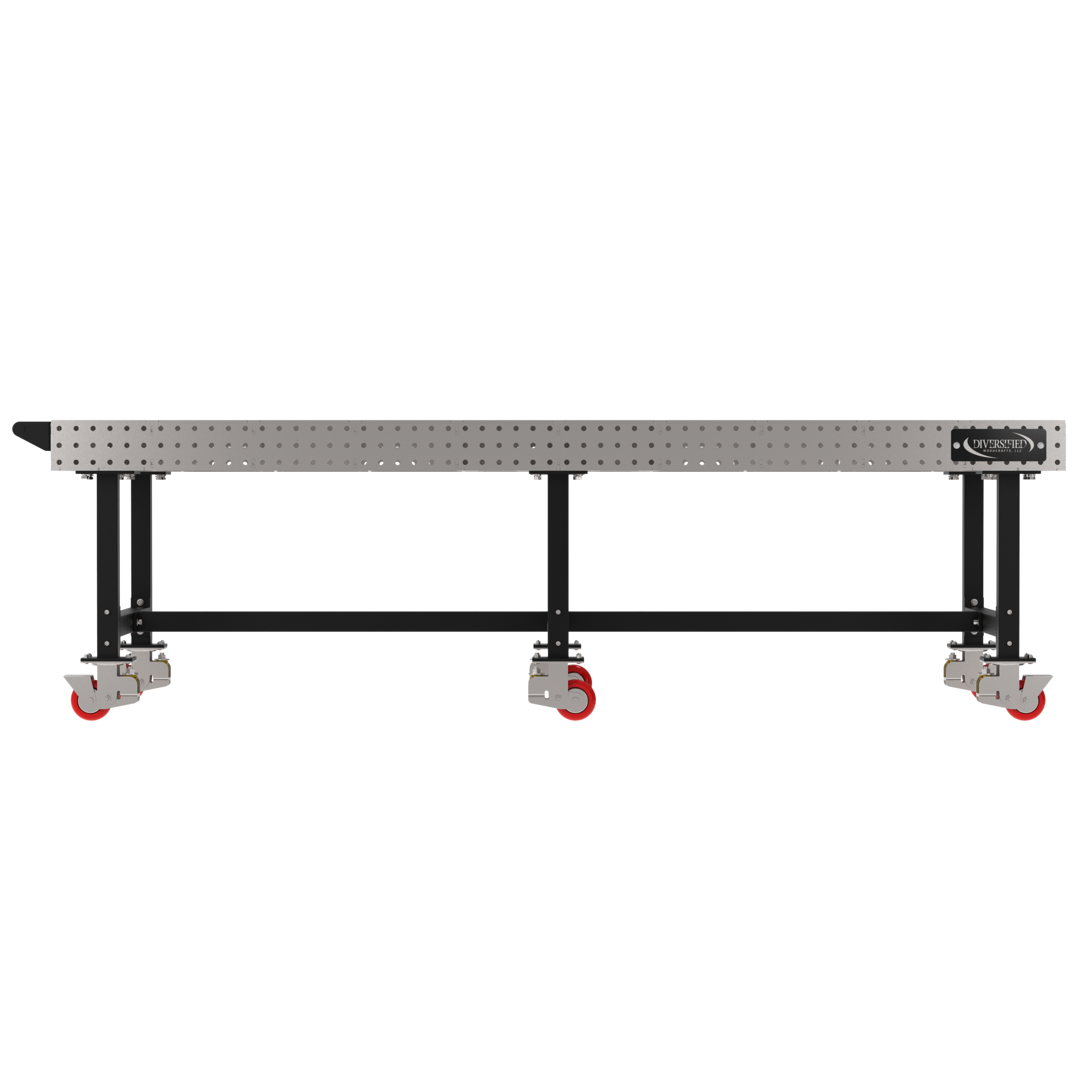 Welding Fixture Table, Fixed Height, 36"H x 120"L x 48"D, 1/4" Carbon Steel Top, Six Black Powdercoat Legs, Handle, 6 Heavy Duty Suspension Casters (4 Locking/Swiveling Casters and 2 Non-Locking/Non-SwivelingCasters)