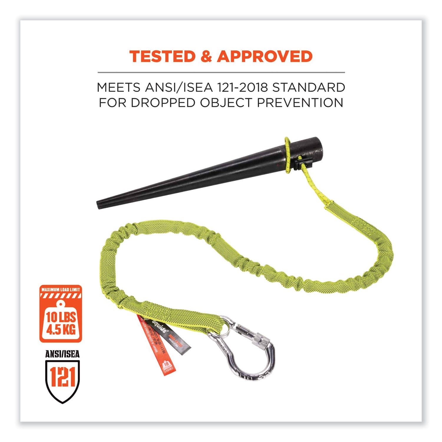 Ergodyne 3100 Single Carabiner Tool Lanyard - 10lbs - Adjustable - 10 lb Load Capacity - Standard - Carabiner Attachment - 11.3" Height x 1" Width x 45" Length - Lime - Nylon Webbing, Aluminum - 6 / Carton