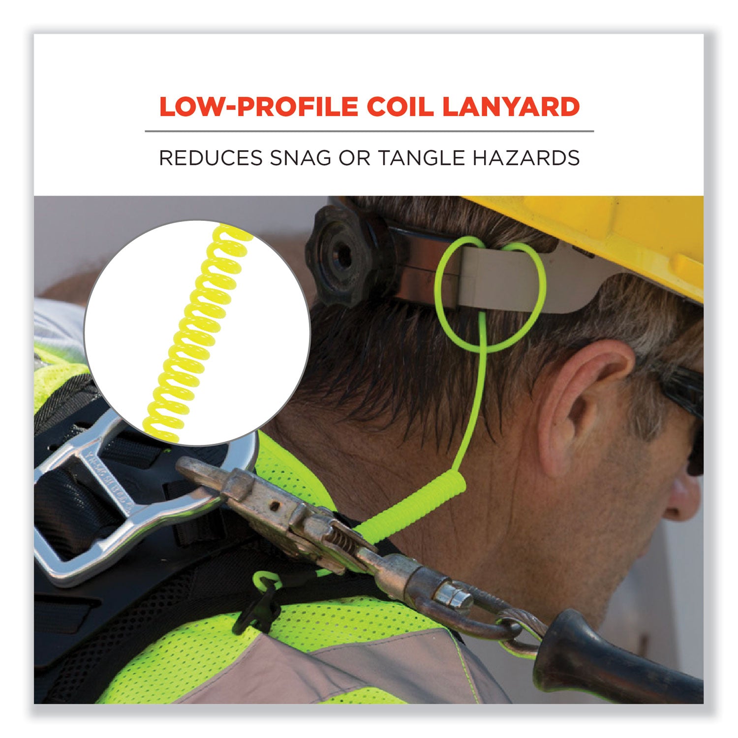 Ergodyne 3158 Coil Tool Lanyard with Clamp - 2lbs / 0.9kg - Adjustable - 2 lb Load Capacity - Clamp Attachment - 1.5" Height x 2" Width x 48" Length - Lime - Plastic, Fabric - 6 / Carton