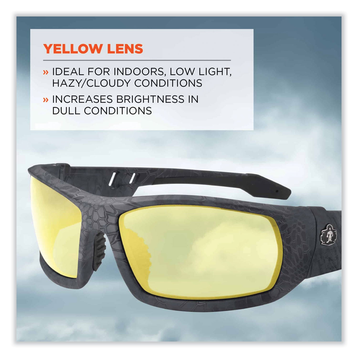 Ergodyne Skullerz Odin Safety Glasses, Yellow Lens, Kryptek Typhon Frame, Scratch & Impact Resistant, Anti-glare, Non-slip, 1 Each