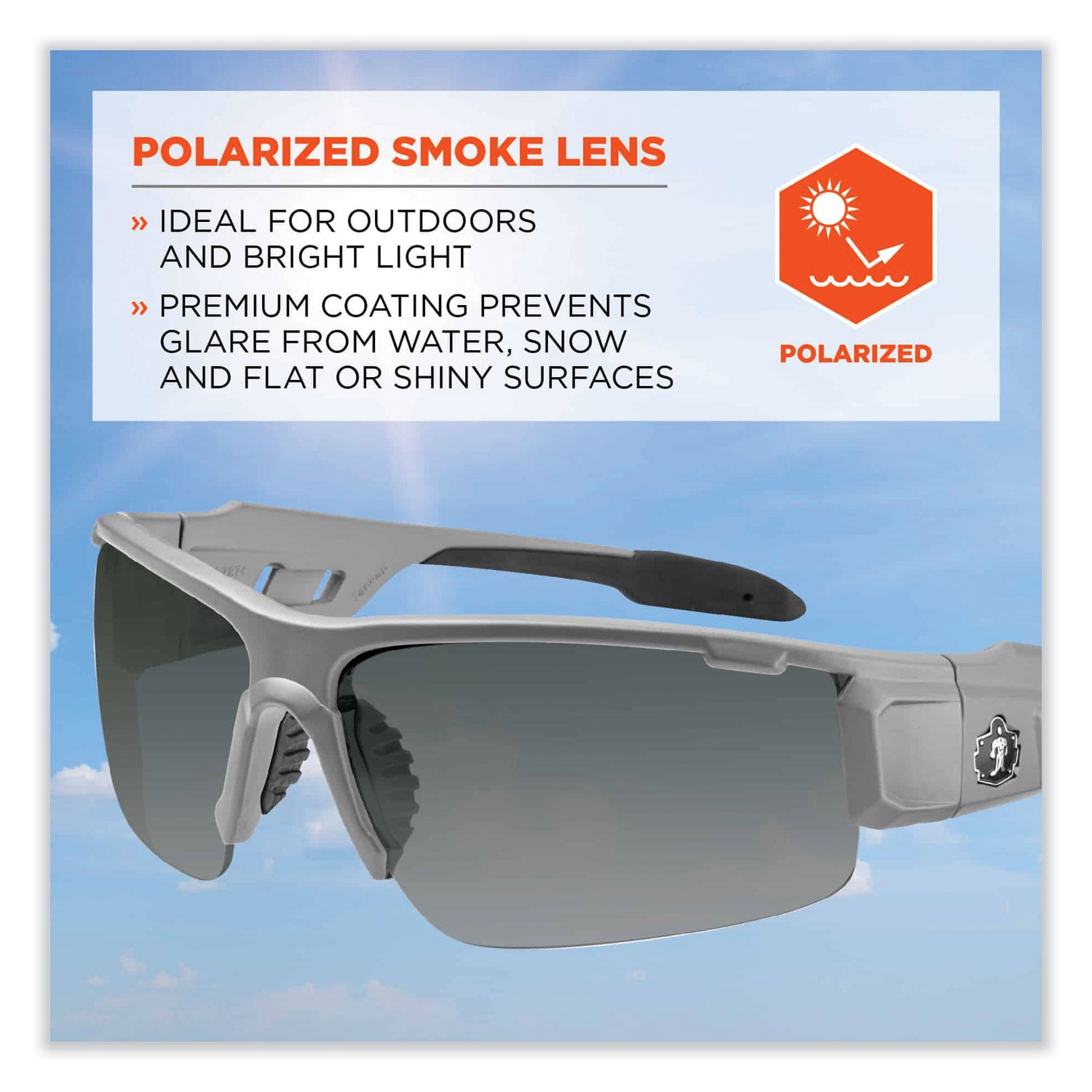 Ergodyne Dagr PZ Smoke Safety Glasses, Polarized Smoke Lens, Matte Gray Frame, Scratch Resistant, Impact Resistant, Anti-glare, Non-slip, Comfortable, 1 Each
