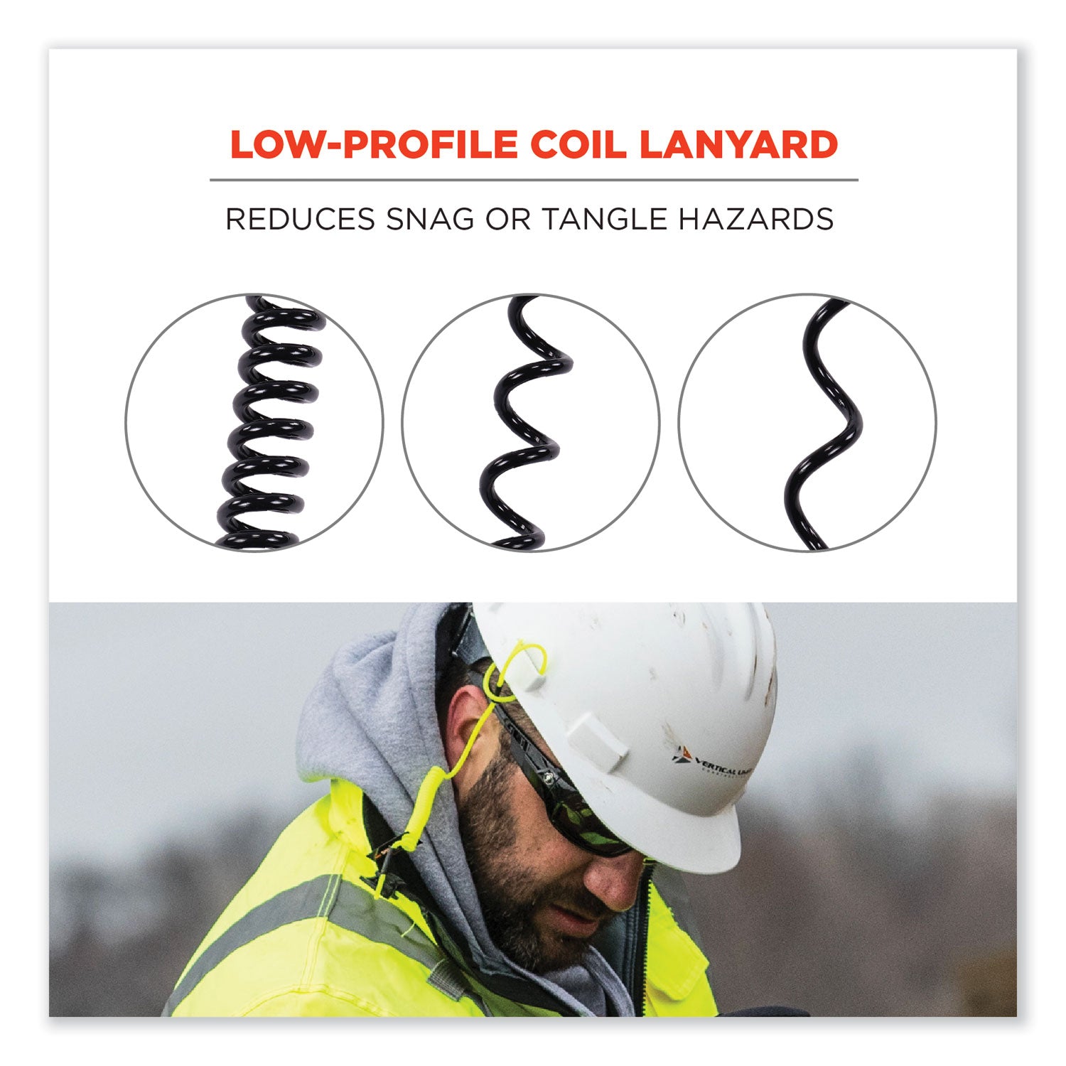 Ergodyne 3157 Coil Tool Lanyard with Buckle - 2lbs / 0.9kg - 1.98 lb Load Capacity - Buckle Attachment - 1.5" Height x 2" Width x 48" Length - Black - 6 / Carton