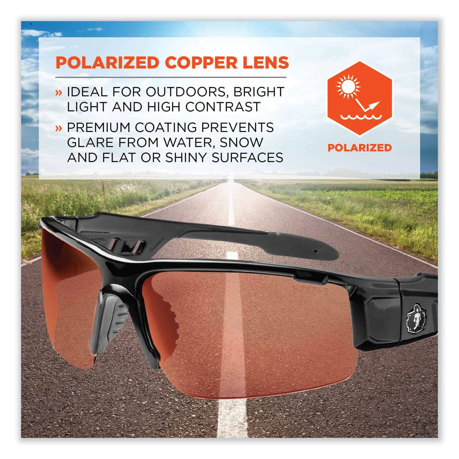 Ergodyne Dagr PZ Copper Safety Glasses, Polarized Copper Lens, Black Frame, Scratch Resistant, Impact Resistant, Anti-glare, Non-slip, Bendable, 1 Each