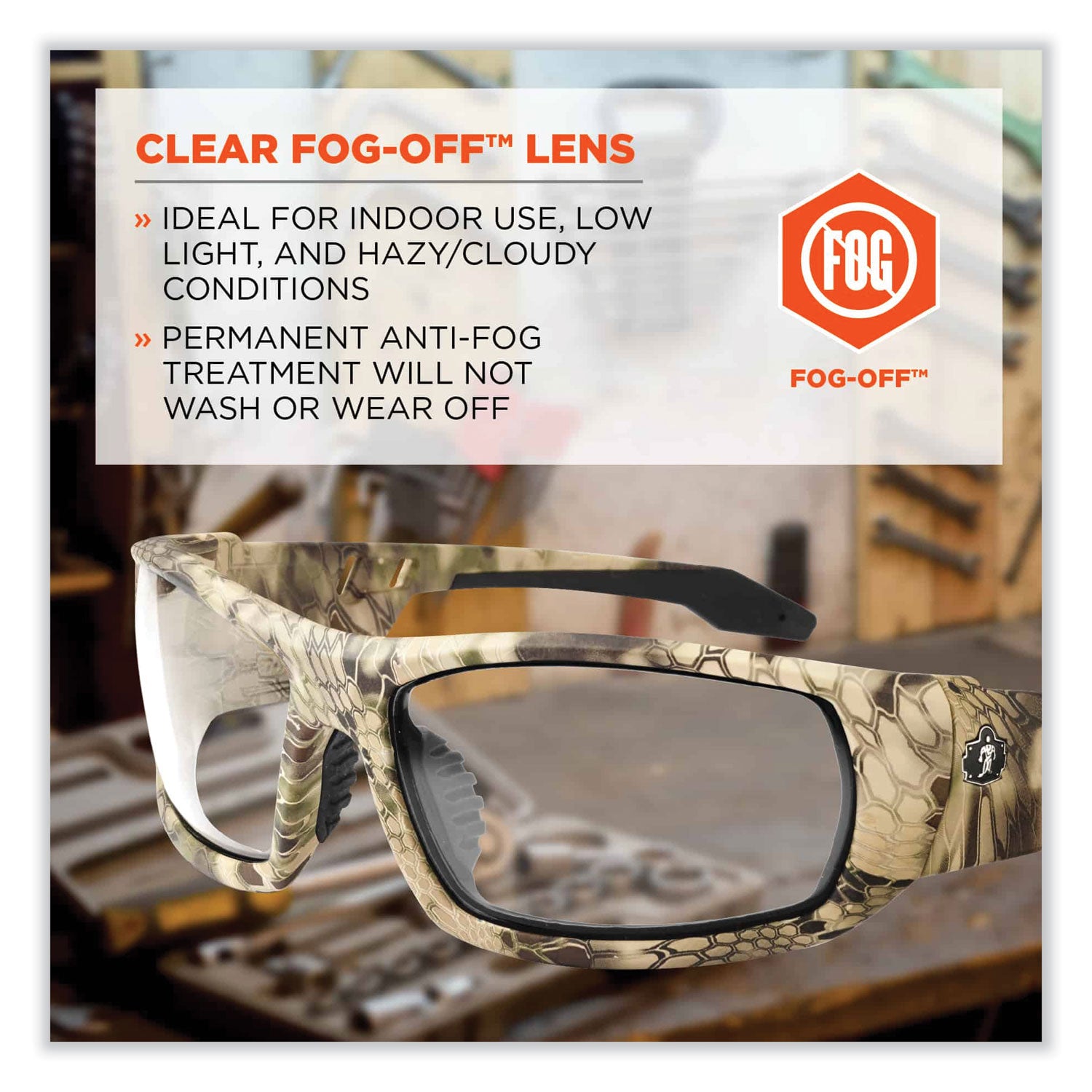 Ergodyne Skullerz Odin AF Clear Safety Glasses, Kryptek Highlander Frame, Anti-Fog, Scratch Resistant, Impact Resistant, 1 Each