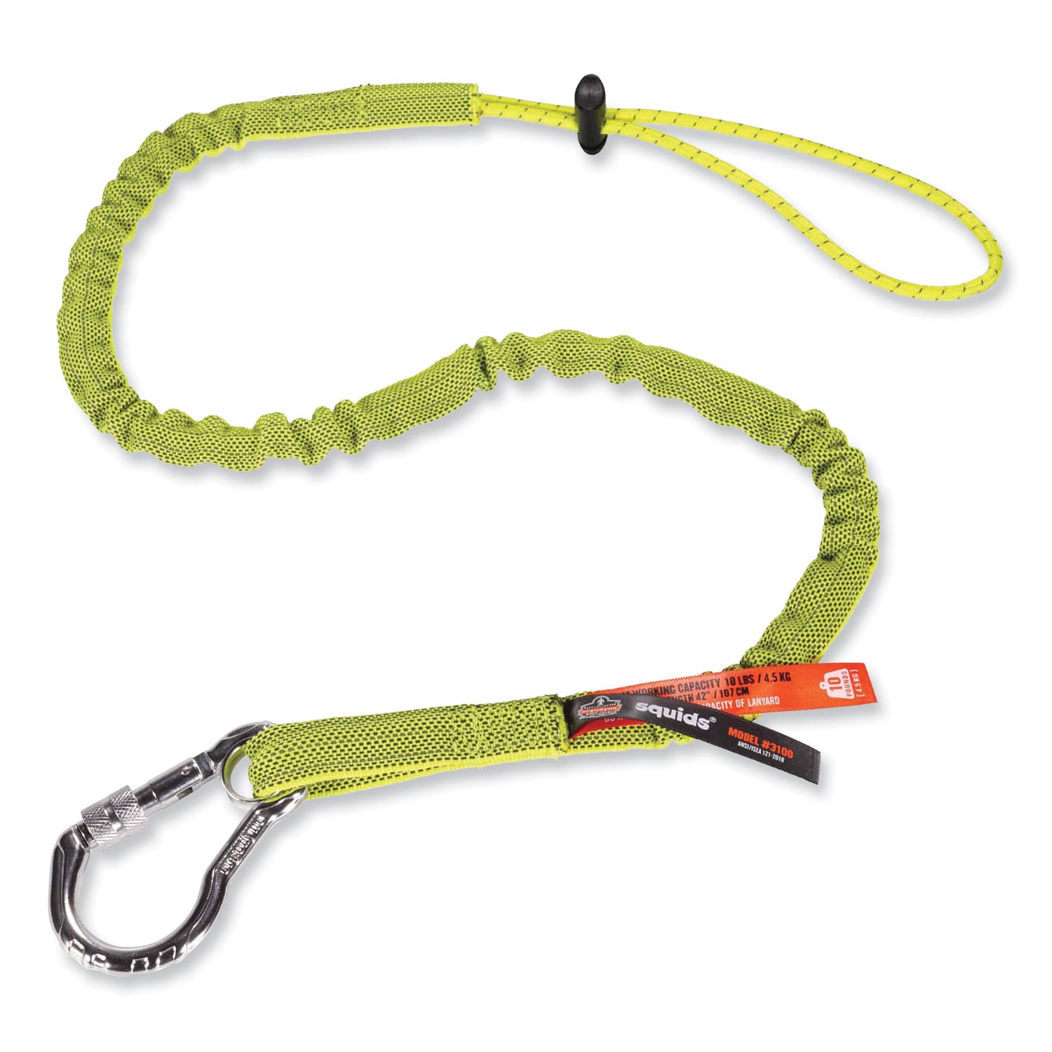 Ergodyne 3100 Single Carabiner Tool Lanyard - 10lbs - Adjustable - 10 lb Load Capacity - Standard - Carabiner Attachment - 11.3" Height x 1" Width x 45" Length - Lime - Nylon Webbing, Aluminum - 6 / Carton