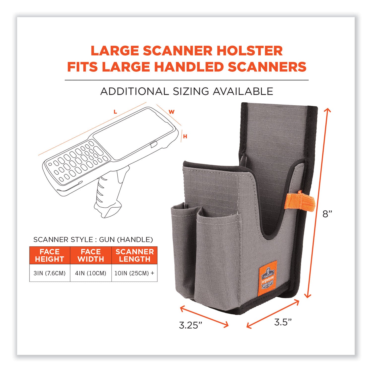 Ergodyne Squids 5540 Rugged Bar Code Scanner Holster, Large, Gray, Drop/Abrasion/Damage Resistant Polyester, Holster with Belt Loop and Belt Clip, 8" x 3.3" x 3.5", 1 Each