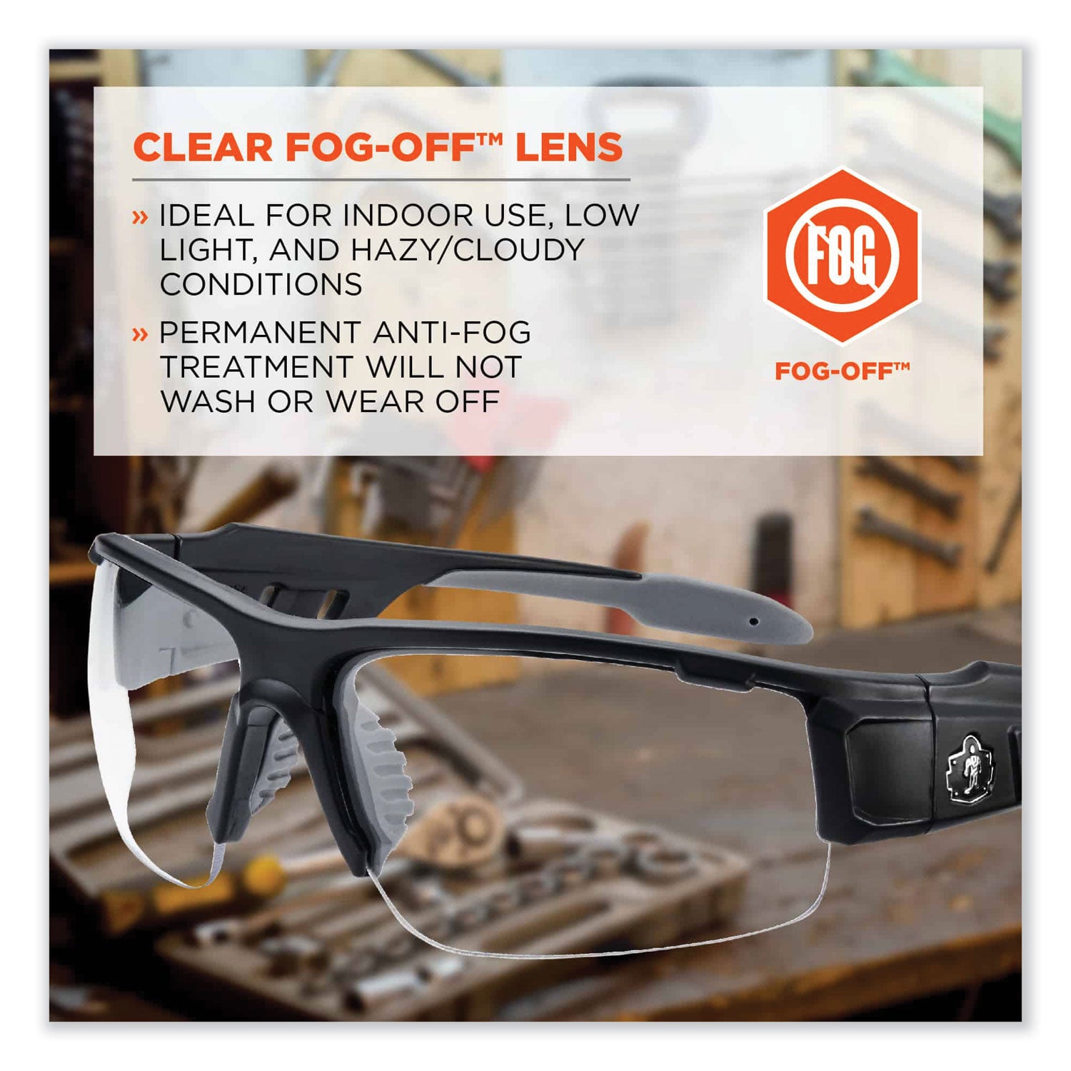 Ergodyne Skullerz Dagr AF Clear Safety Glasses, Matte Black Frame, Anti-Fog, Scratch Resistant, Impact Resistant, 1 Each