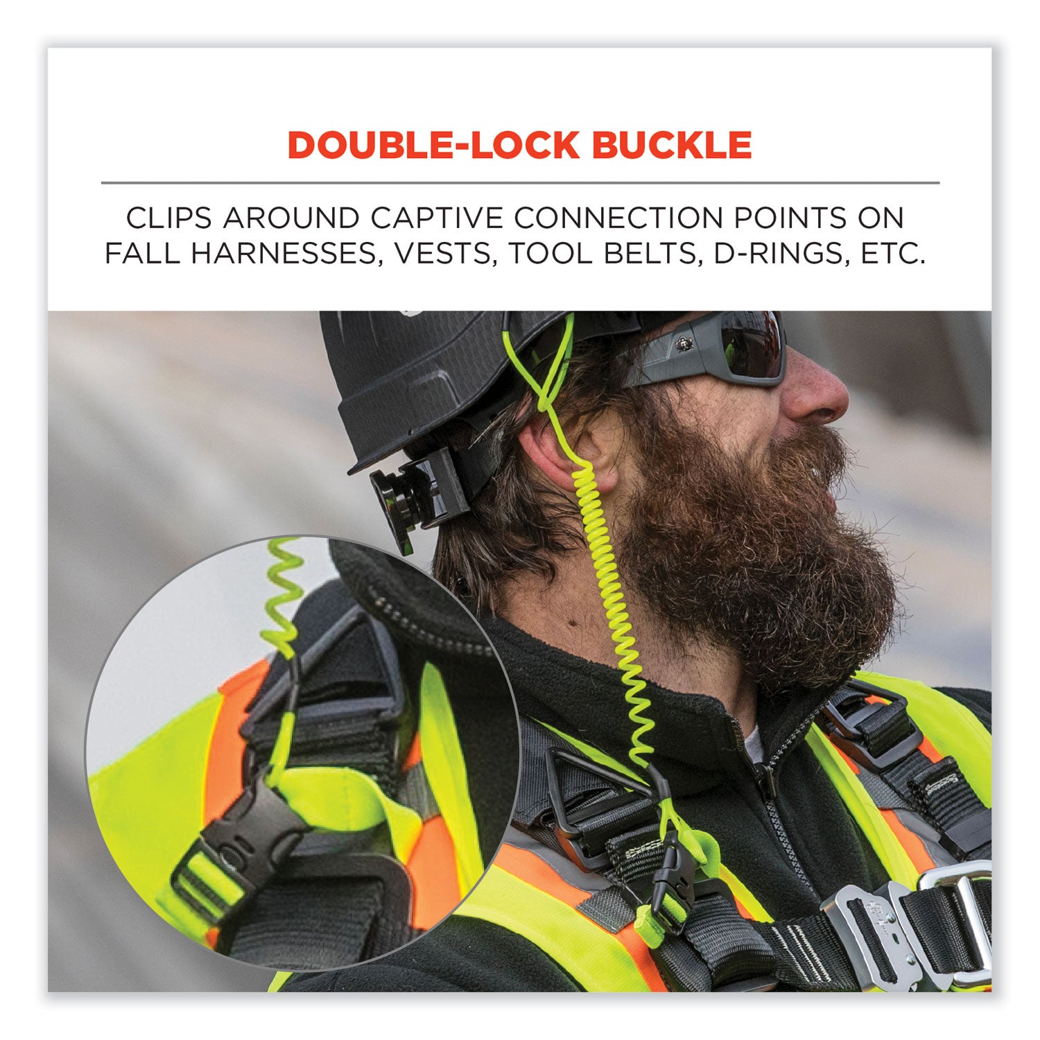 Ergodyne 3157 Coil Tool Lanyard with Buckle - 2lbs / 0.9kg - 1.98 lb Load Capacity - Buckle Attachment - 1.5" Height x 2" Width x 48" Length - Black - 6 / Carton