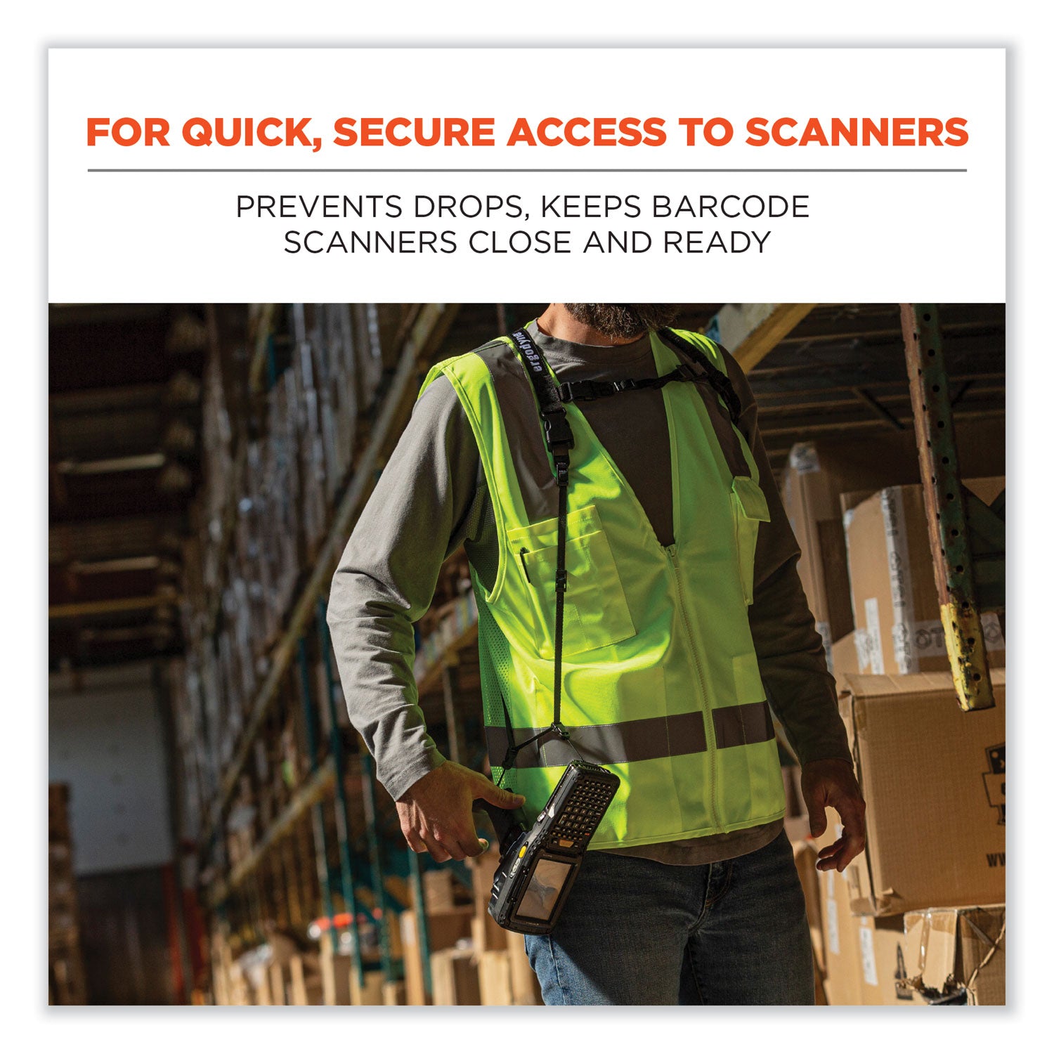 Ergodyne 3132 Barcode Scanner Harness + Lanyard - Large (L) - Loop Attachment - 1.5" Height x 3.3" Width x 8" Length - Black - 1 Each