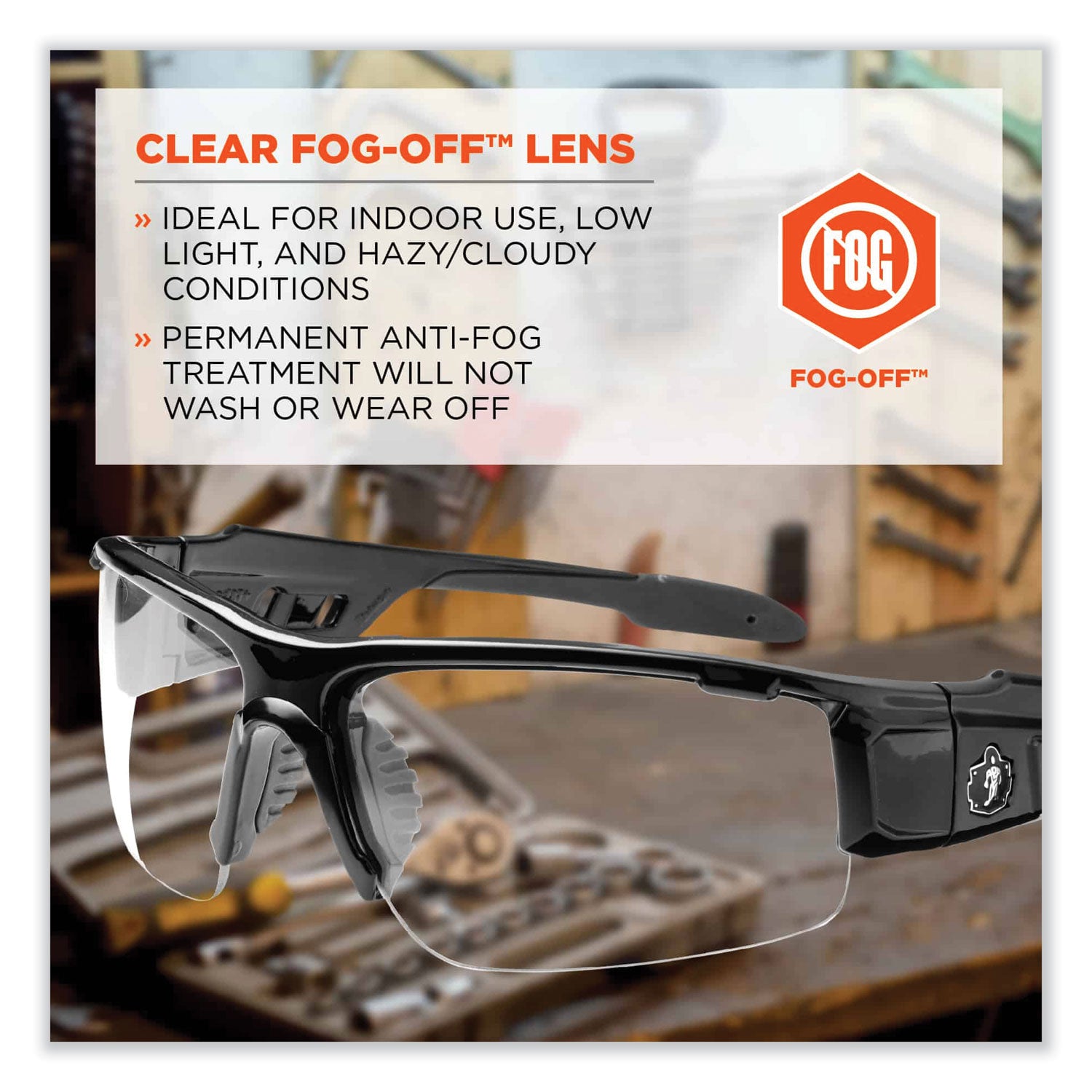 Ergodyne Dagr AF Clear Safety Glasses, Black Frame, Clear Lens, Scratch & Impact Resistant, Anti-Fog, Non-Slip, Comfortable, 1 Each