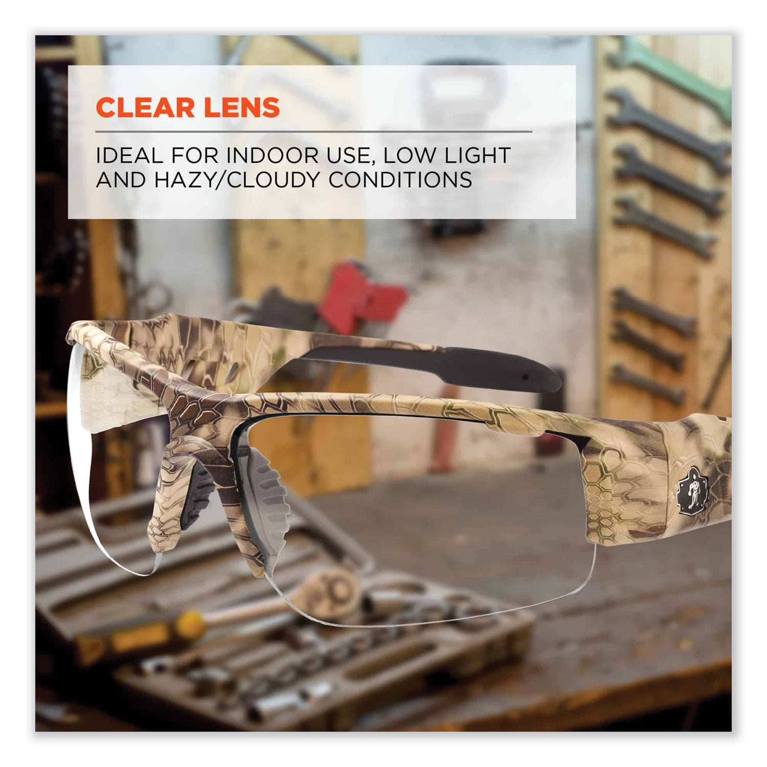 Ergodyne Skullerz Dagr Clear Lens Safety Glasses, Kryptek Highlander Frame, Scratch Resistant, Impact Resistant, Anti-glare, Non-slip, Bendable Frame, 1 Each