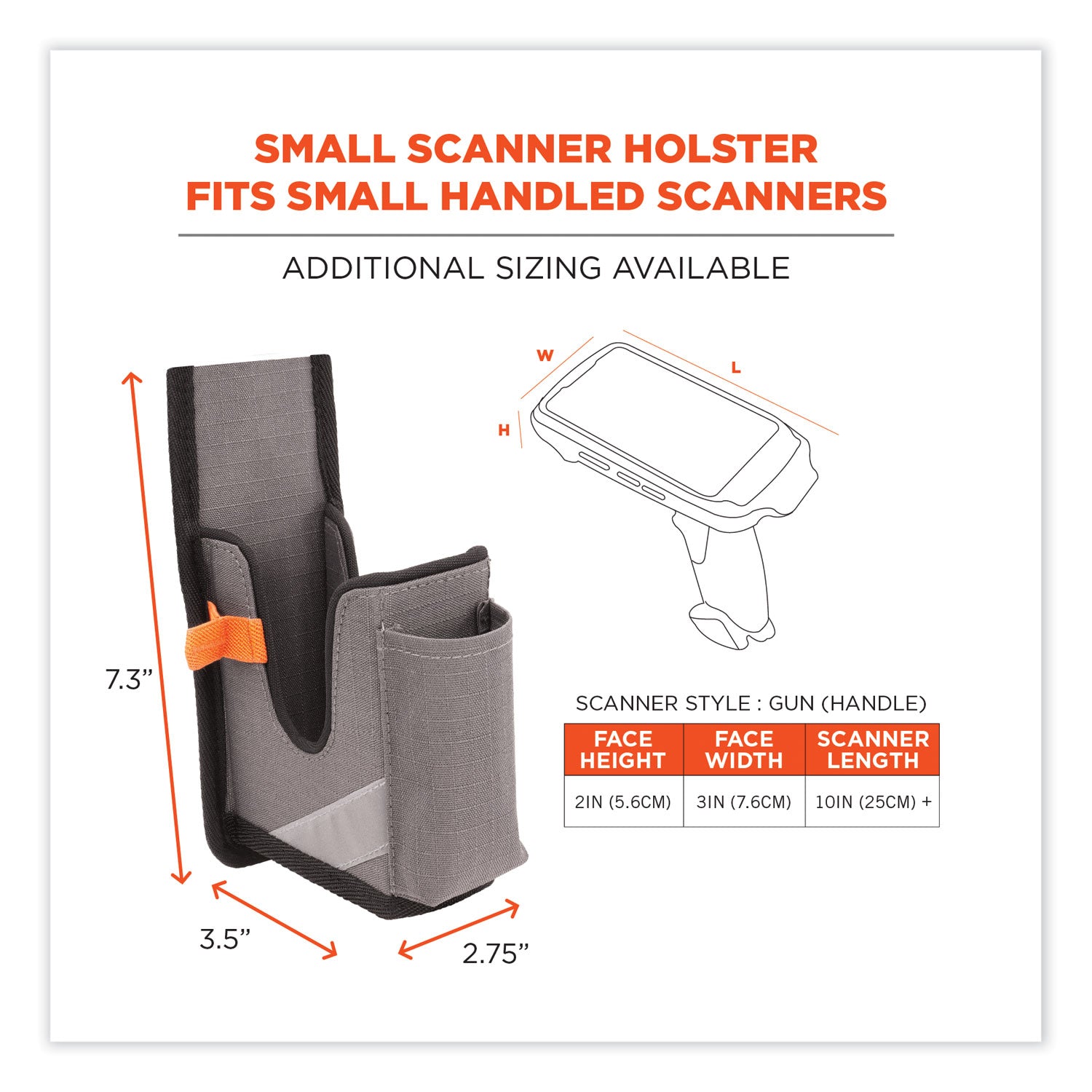 Ergodyne Squids 5540 Rugged Bar Code Scanner Holster, Small, Gray, Polyester, Drop/Abrasion/Damage Resistant, Holster/Belt Loop/Belt Clip, 7.3" x 2.8" x 3.5", 1 Each