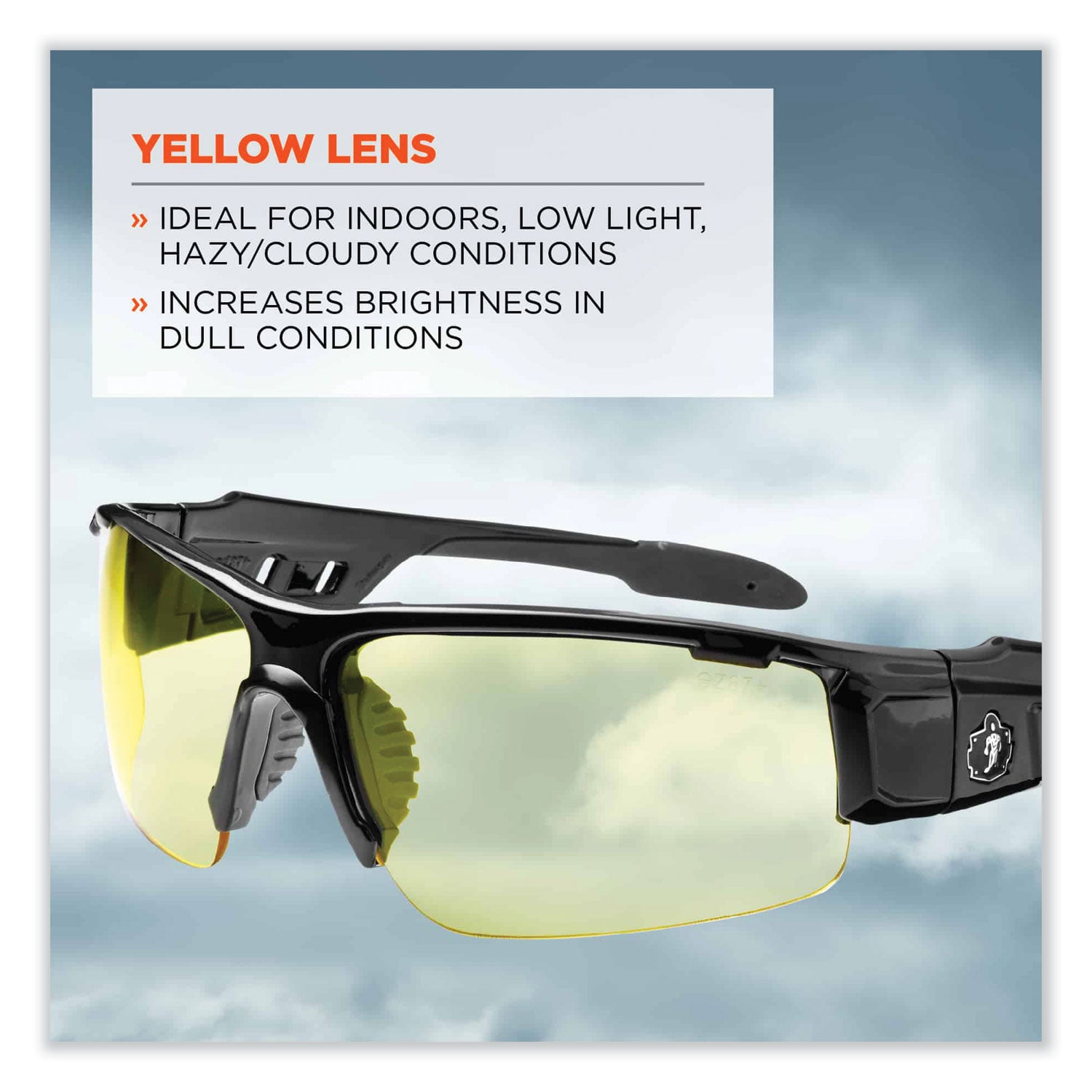 Ergodyne Dagr Smoke Lens Safety Glasses, Yellow Lens, Black Frame, Scratch Resistant, Impact Resistant, Anti-glare, Non-slip, Comfortable, 1 Each