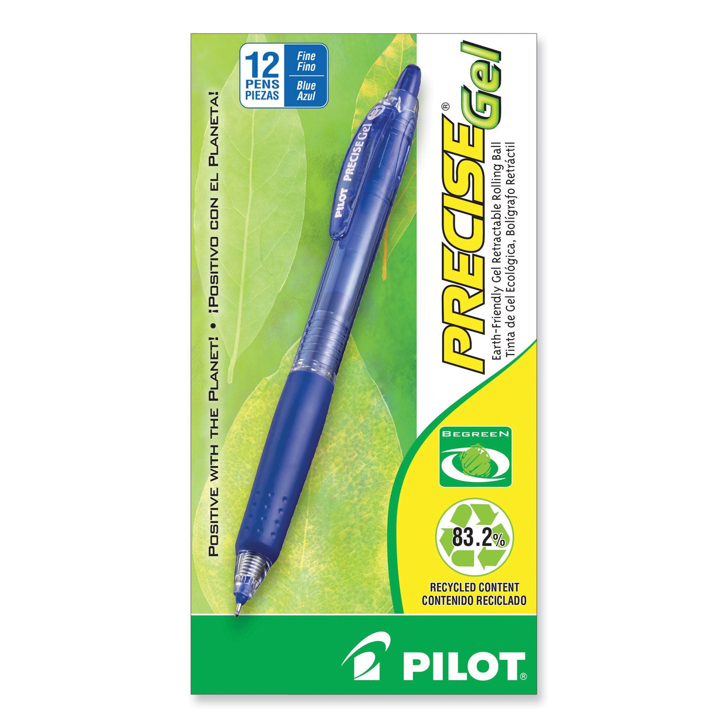 Pilot Precise Gel Fine Retractable BeGreen Pens - 0.7 mm Fine Needle Pen Point - Refillable - Retractable - Blue Ink - Gel-based - Translucent Barrel - 1 Dozen