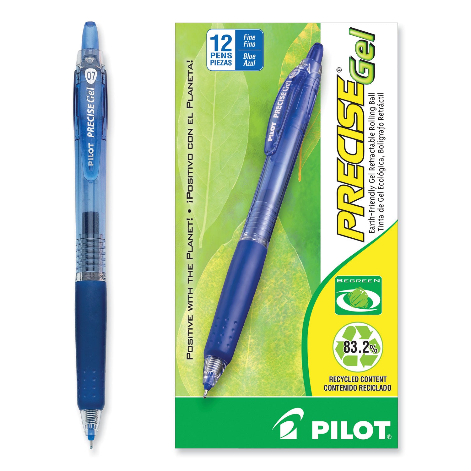 Pilot Precise Gel Fine Retractable BeGreen Pens - 0.7 mm Fine Needle Pen Point - Refillable - Retractable - Blue Ink - Gel-based - Translucent Barrel - 1 Dozen