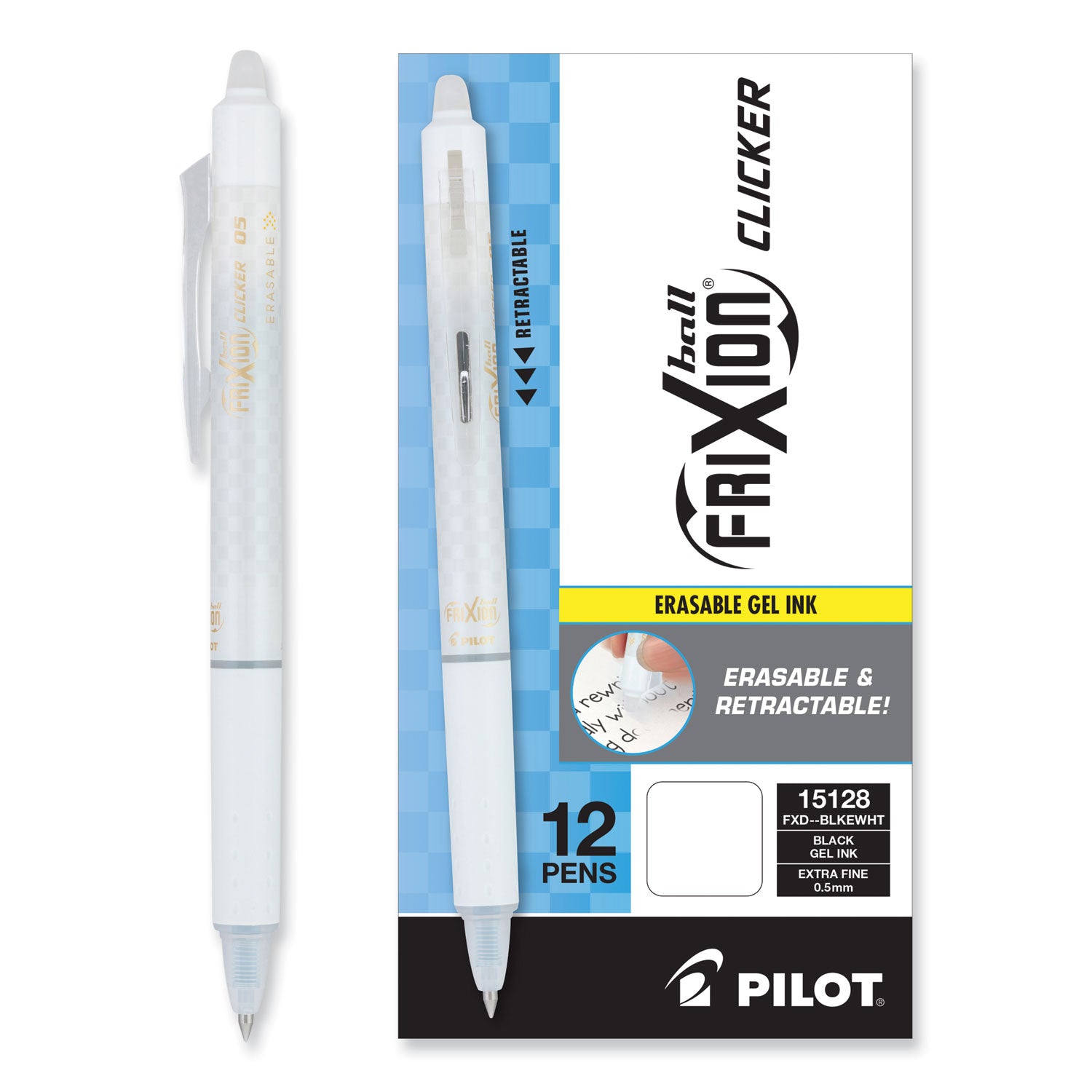 Pilot Erasable Gel Ink Pens - 0.5 mm Extra Fine Pen Point - Refillable - Retractable - Erasable - Black Ink - Gel-based - White Barrel - Document, Writing - 1 Dozen