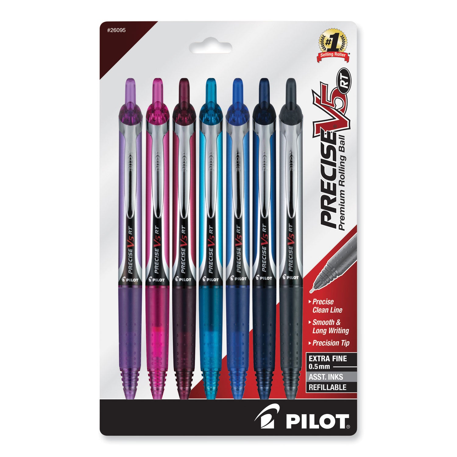 Pilot Premium Rolling Ball Pens - 0.5 mm Extra Fine Pen Point - Refillable - Retractable - Navy, Blue, Turquoise, Burgundy, Pink, Purple Ink - Liquid - Writing - 7 / Pack